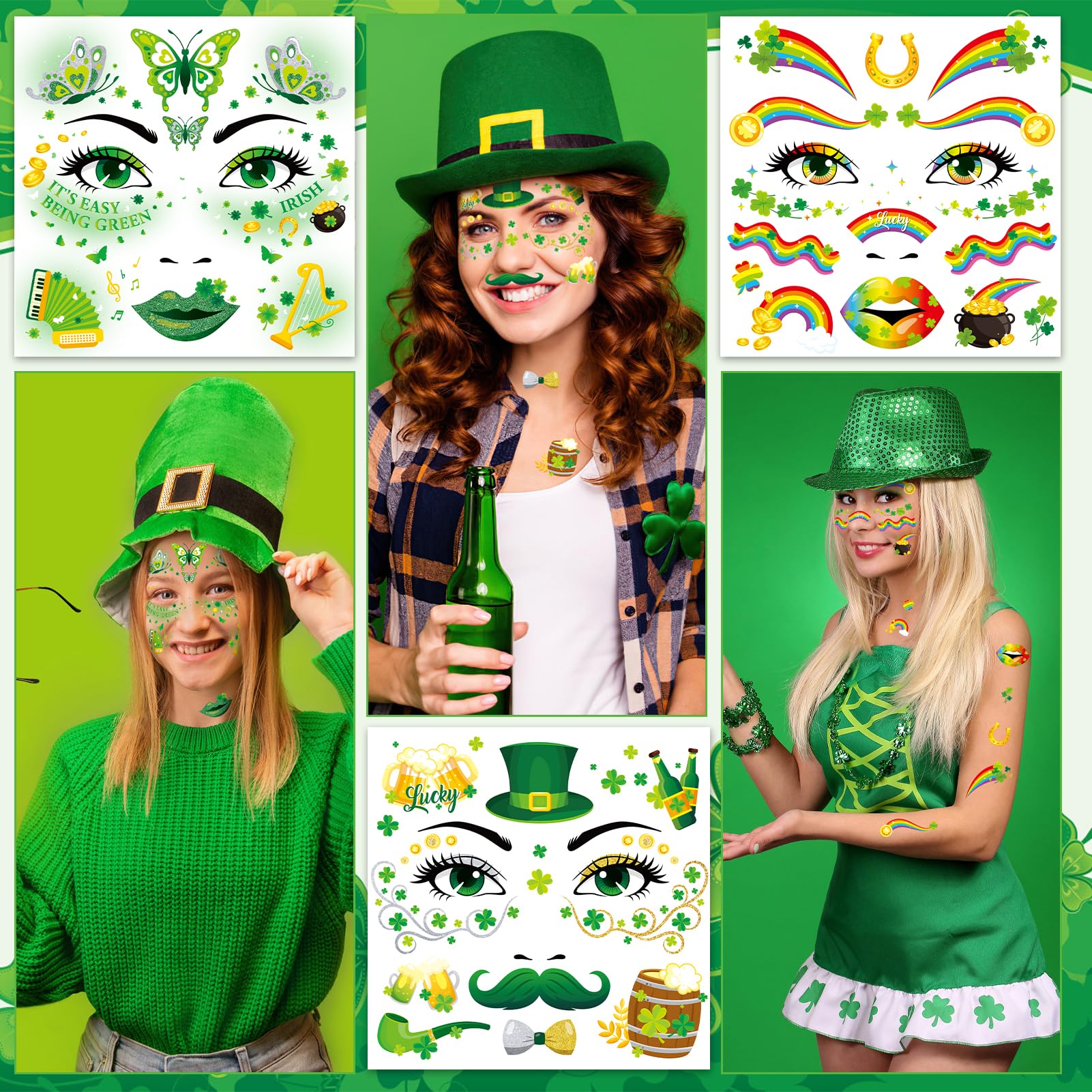 16-teiliges St. Patrick's Day Zubehör-Set – Tattoos, Ketten, Brillen, Stirnbänder & Schnurrbärte