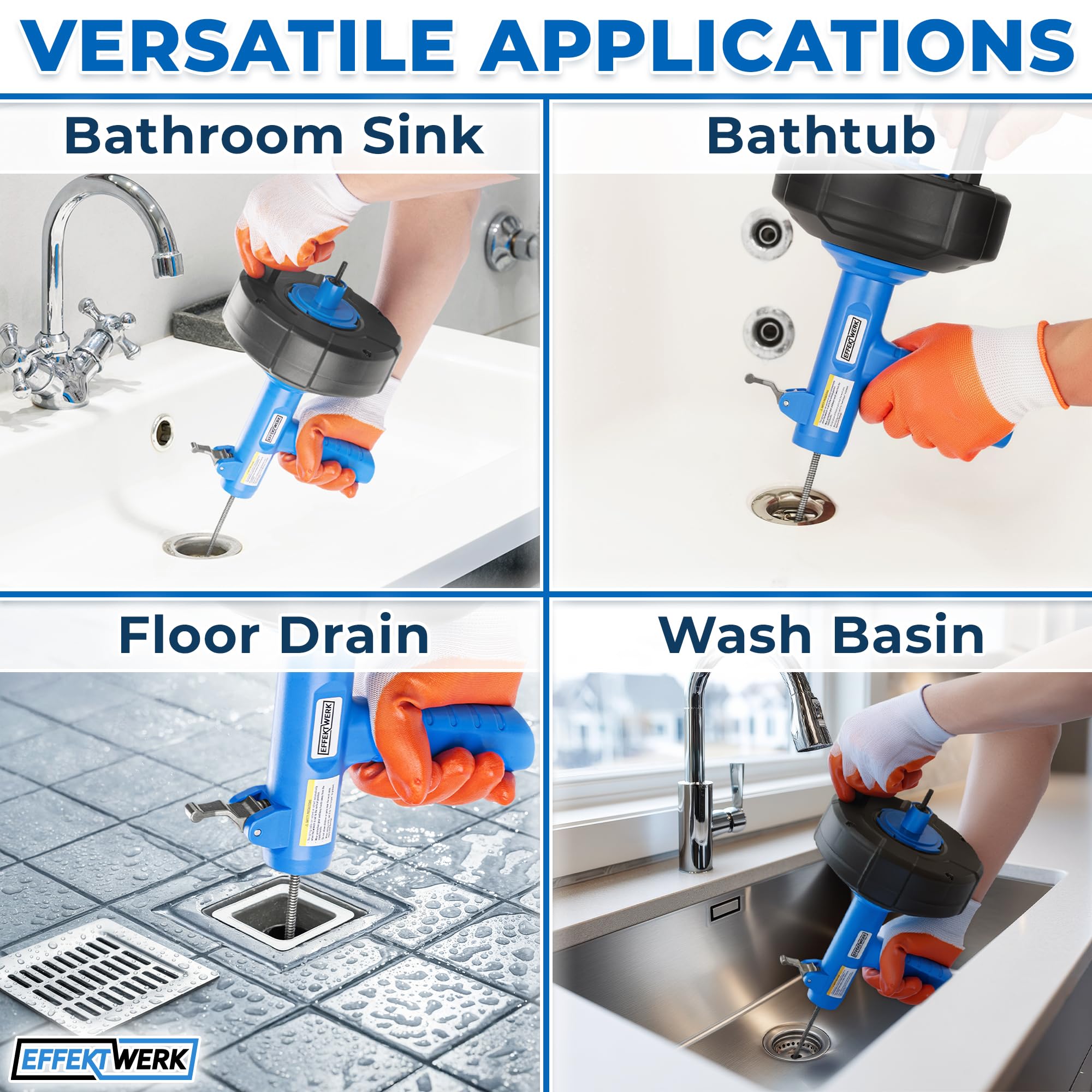 Drain Auger Drill Attachment with 7.6 m Plumbing Snake, Gloves, and Storage Bag - Pipe Clog Remover for Bathtub, Bathroom/Kitchen Sink and Shower Drains