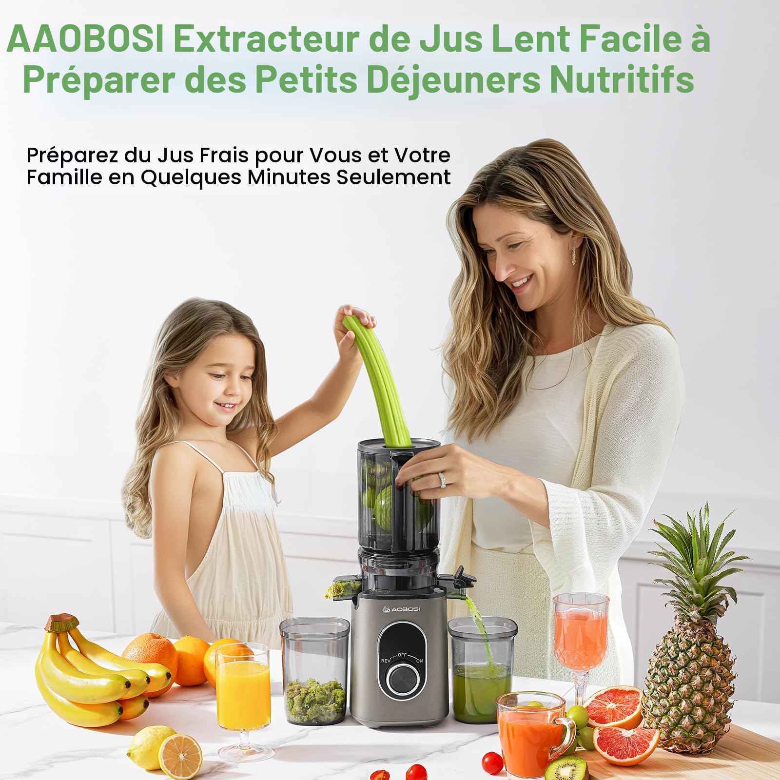 AAOBOSI Extracteur de Jus à Pressage Froid, Trémie Large 4,35", Rendement Élevé, Fruits & Légumes