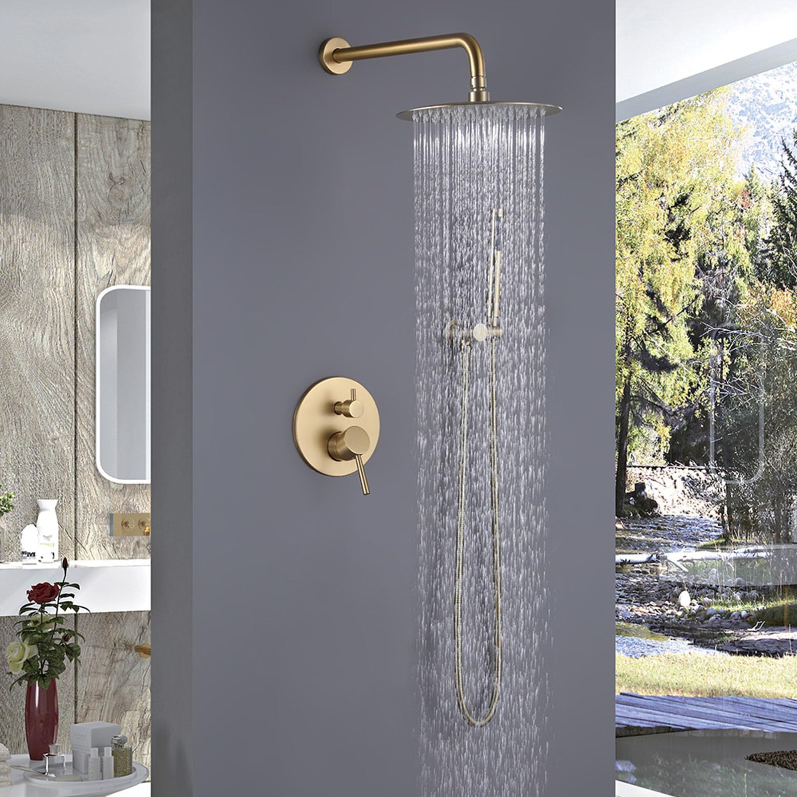 Kit de douche en laiton dissimulé luxe or brossé pour salle de bain moderne