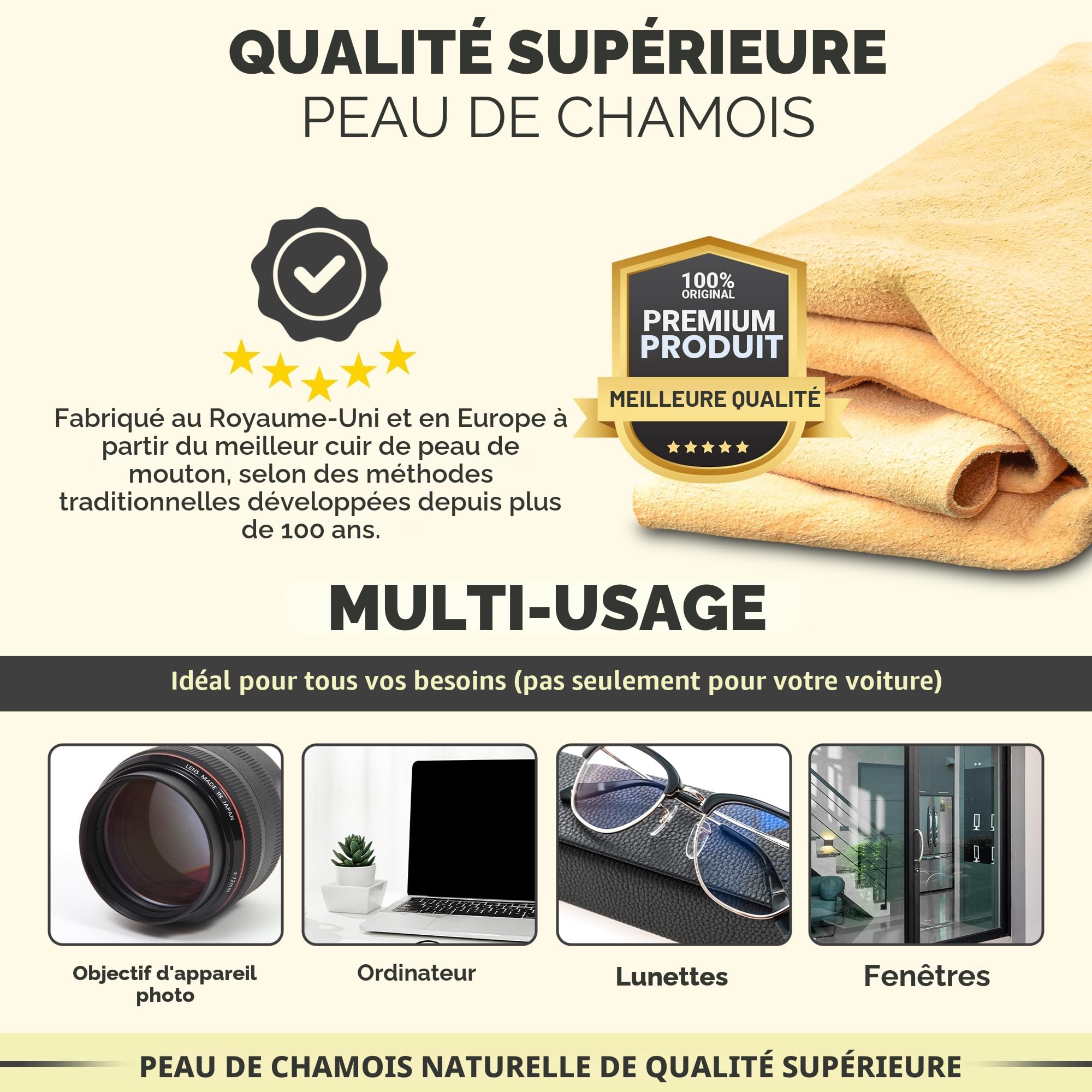 CarMax Peau de Chamois Anglais de qualité supérieure – Lot de 5 – Regular
