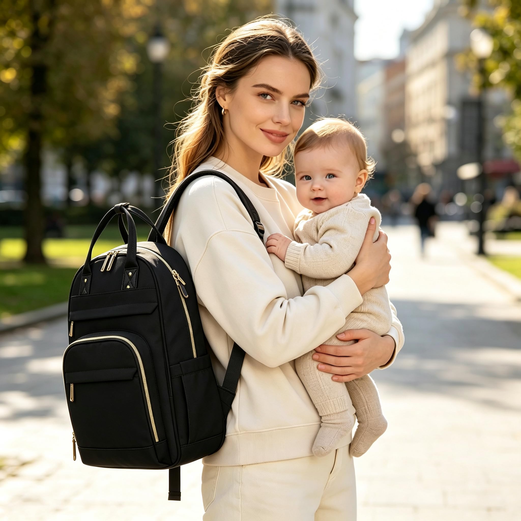 Bolsas cambiadoras de bebé, mochila grande para pañales para padres, Black, L, Clásico