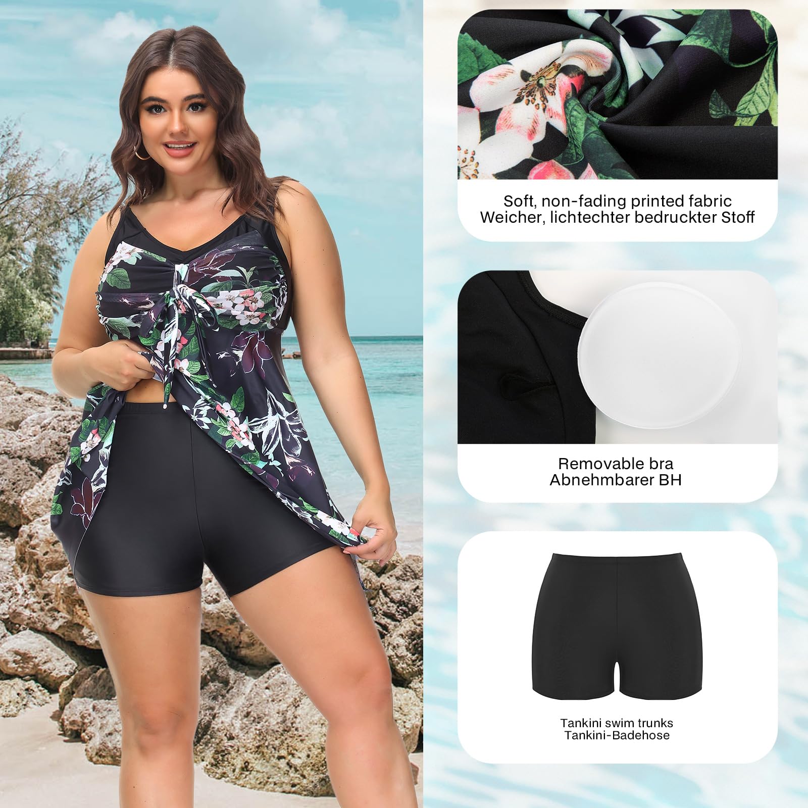 Hanna Nikole Tankini damski zestaw dużych rozmiarów, nadruk kwiatowy, sukienka kąpielowa, wyszczuplający brzuch, dwuczęściowy kostium kąpielowy z szortami chłopięcymi