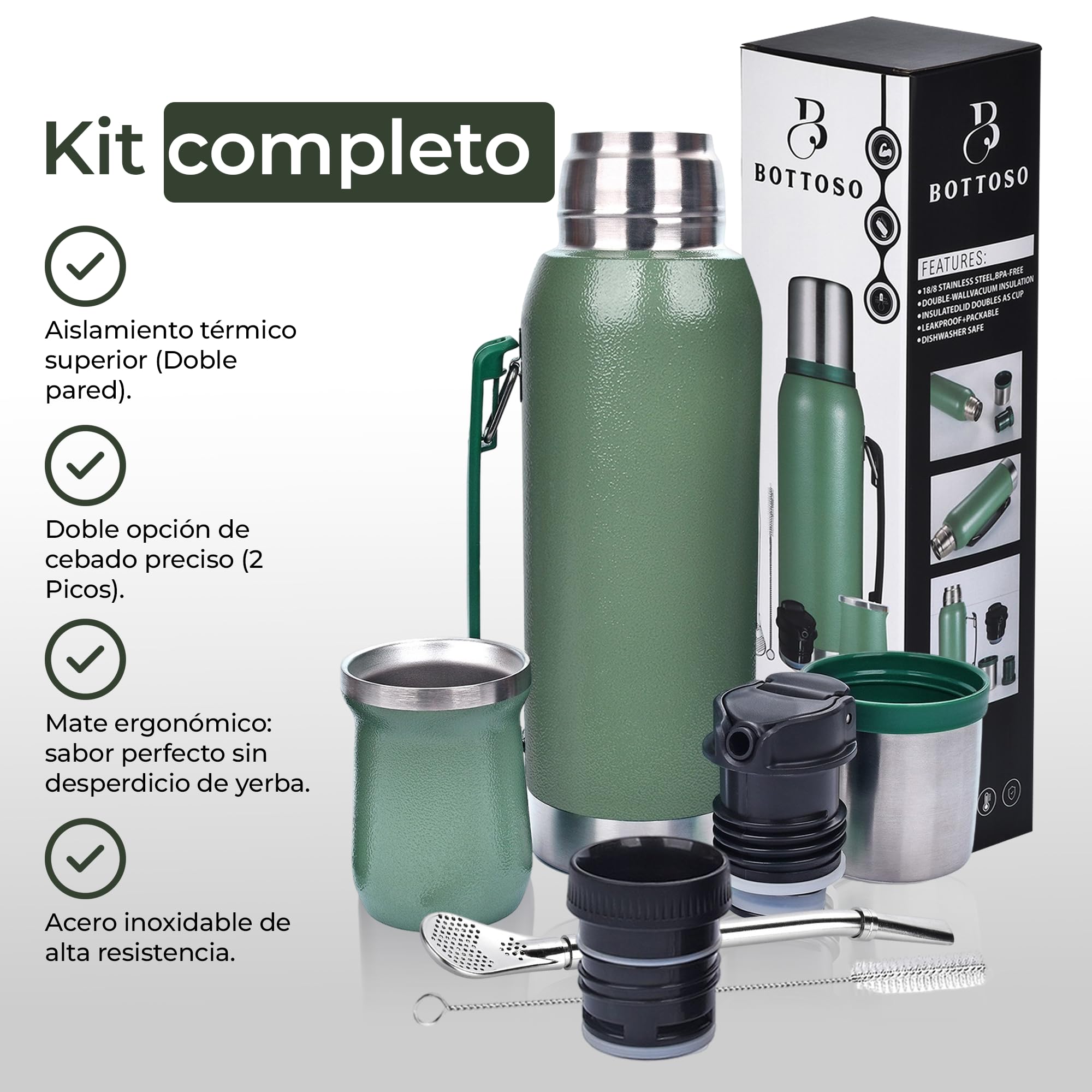 Kit Mate Argentino Completo de 1L | Set de Mate con Termo de Acero Inoxidable Doble Pared | Incluye Mate, Bombilla y 2 Picos Cebadores Antiderrames (Verde)