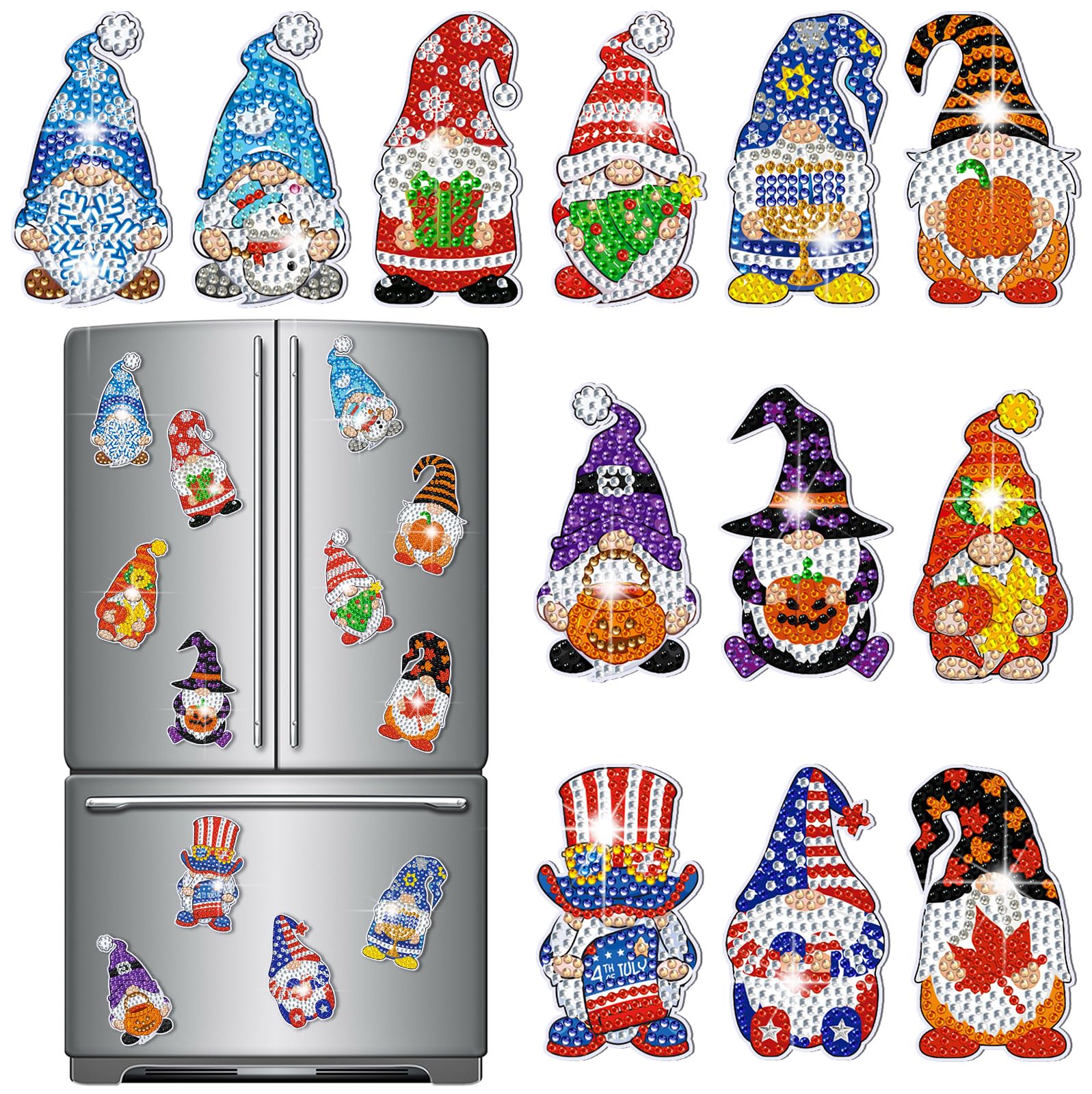 Frienda 12 Pcs Refrigerator Diamond Painting Stickers Diamond Art Stickers Kits Fridge Stickers for Adults DIY Home Cabinet Decors(Gnome)