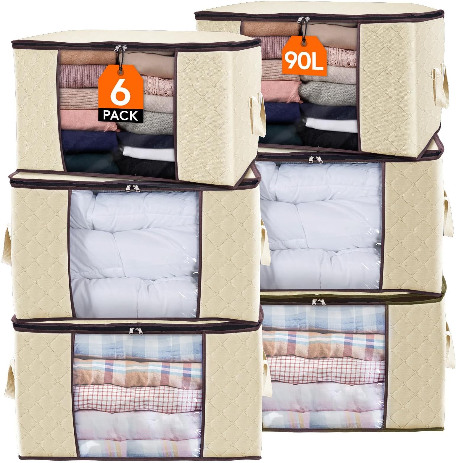 Lifewit 90L Large Storage Bags, 6 Pack, Beige