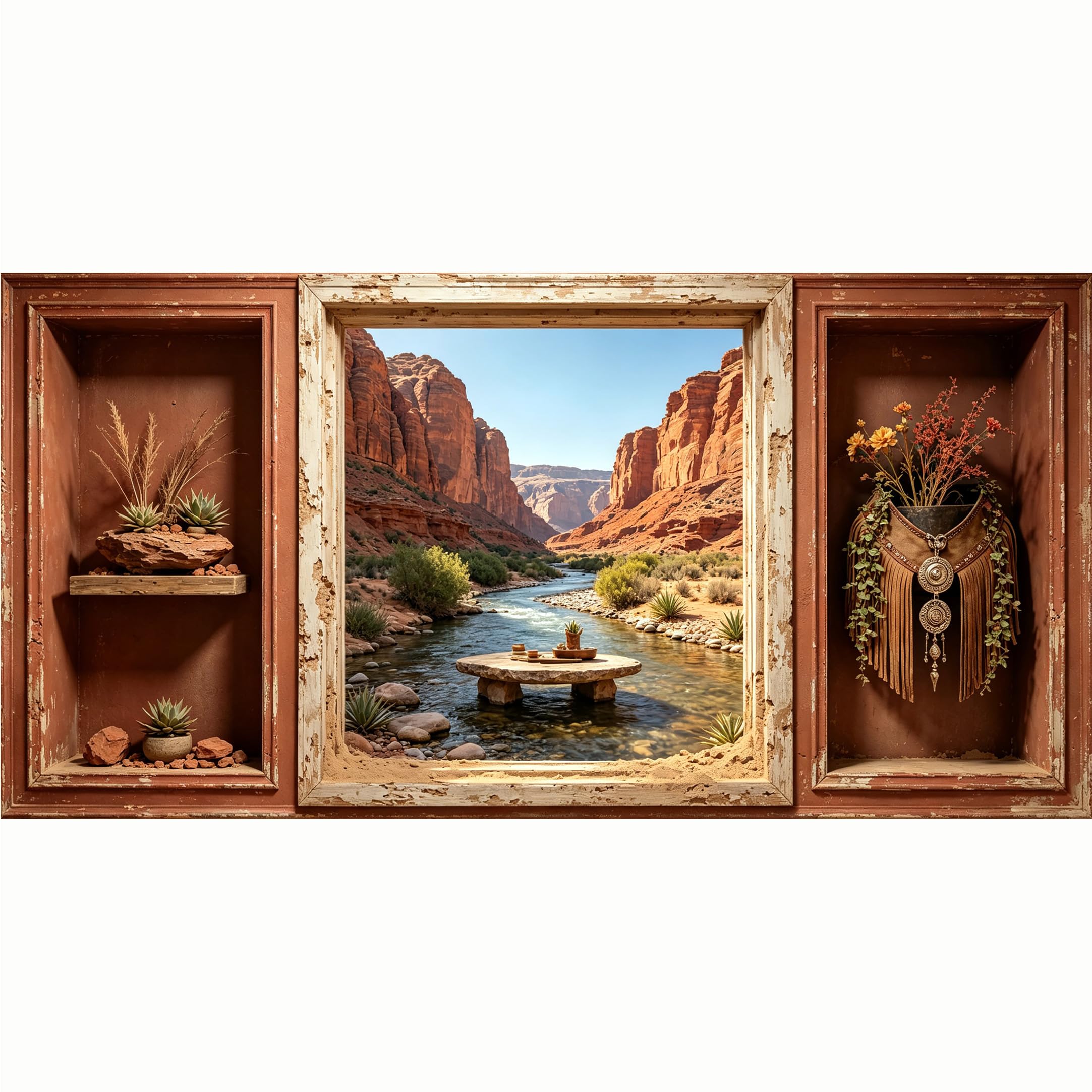 QZLITHOTIC 50x100cm 3D Framed Wall Art， Western Canyon River Landscape Self‑Adhesive Mural， Water‑Activated Peel & Stick Fabric Decor Wall Decal for Bedroom Living Room