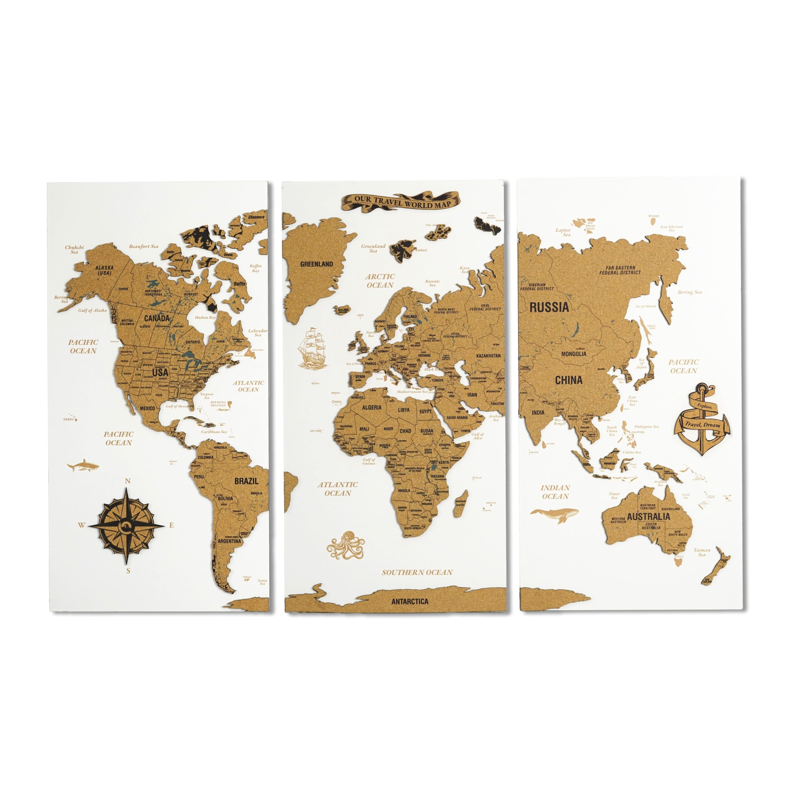 Colorfull Worlds Nieoprawiona biała mapa świata z korka, sztuka ścienna, 105 x 68 cm, 3-częściowy design, geograficzna tablica przypinana, dekoracja ścienna w podróż, sztuka ścienna do biura