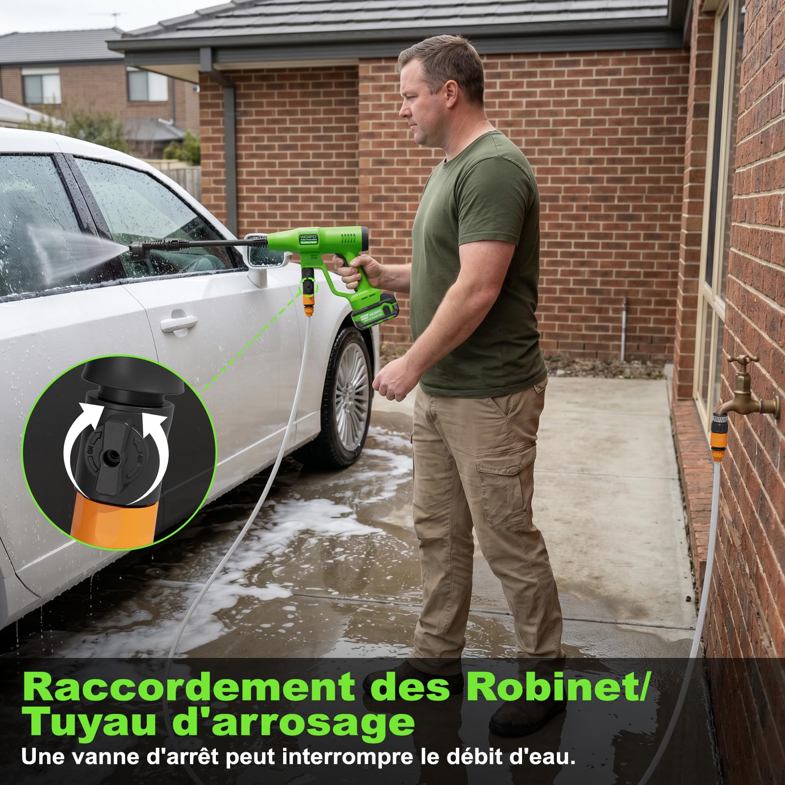 Nettoyeur Haute Pression sans Fil avec 2 Batteries, Nettoyeur Portable avec Buse Réglable 6 en 1, Tuyau Tressé de 6,5 m avec Raccord Robinet pour Voiture, Jardin, Terrasse