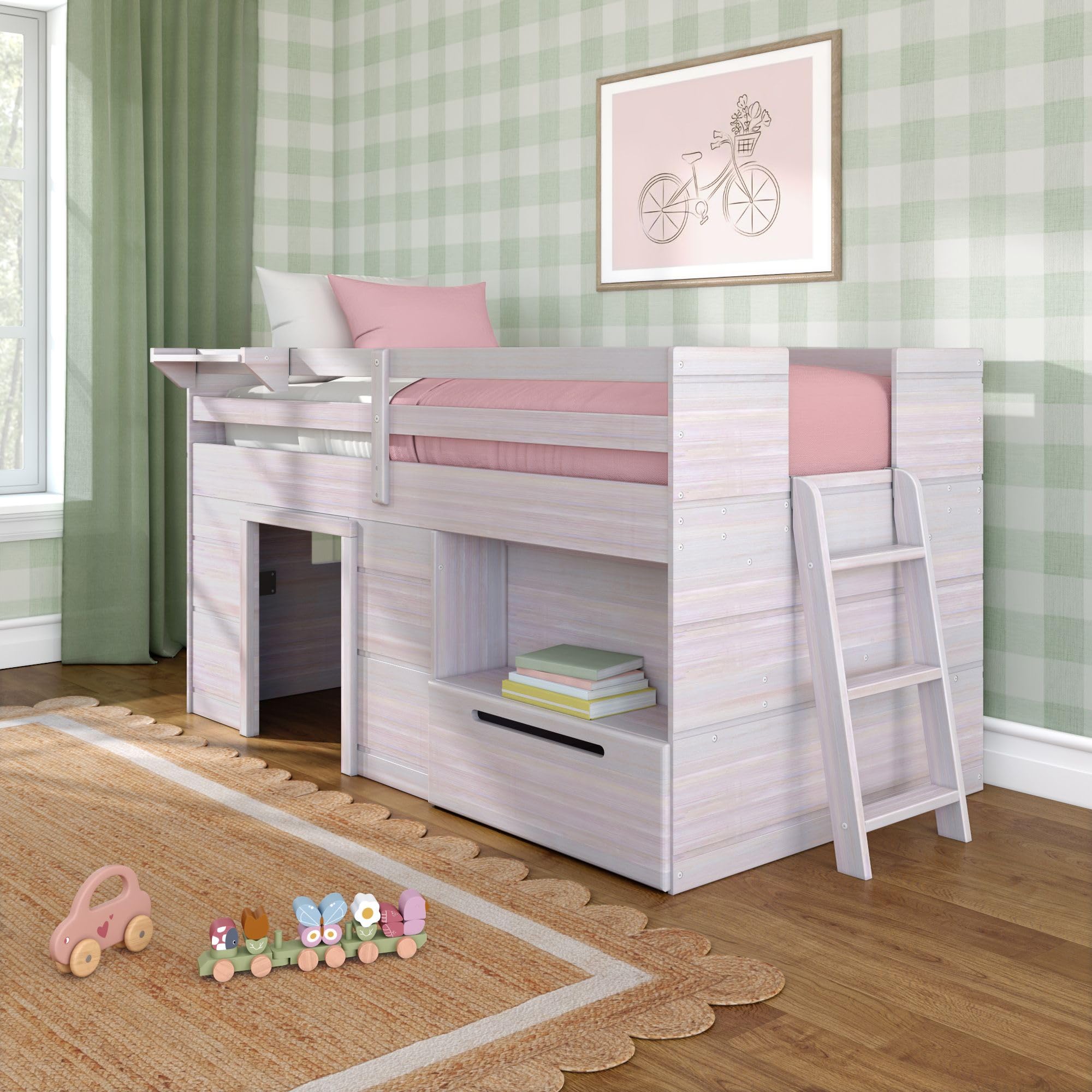 Max & Lily Modern Farmhouse Low Loft (Twin), with Storage Drawer, White Wash, White Wash, Twin w/ Storage Drawers