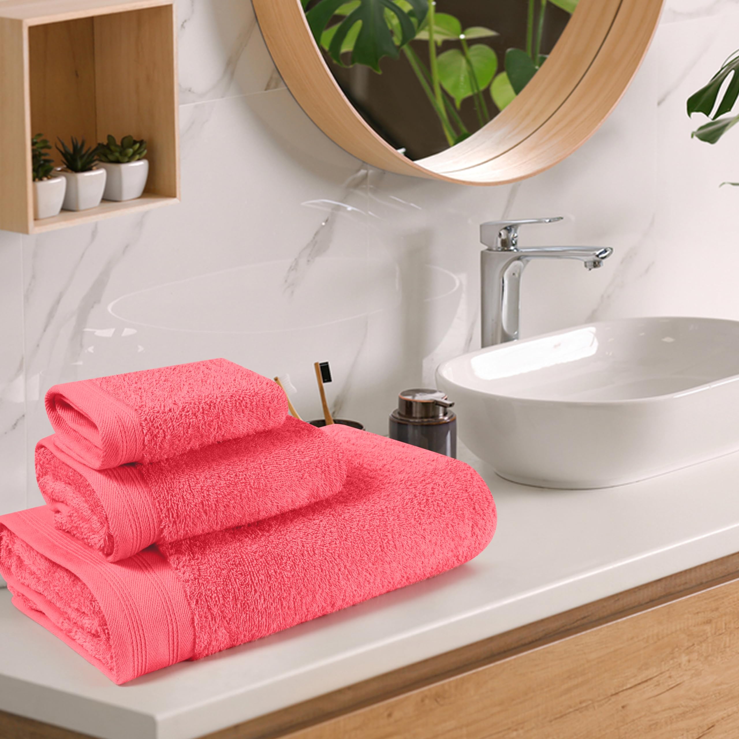 Ultra weiches 3er-Pack Baumwoll-Handtuch-Set, enthält EIN übergroßes Badetuch 70 x 140 cm, EIN Handtuch 40 x 60 cm und EIN Waschbett 30 x 30 cm, Korallenorange