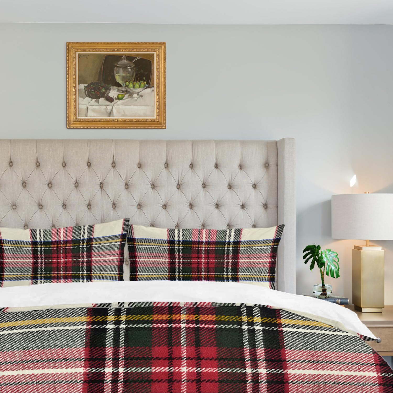 Shrahala Scottish Tartan Duvet Cover Set King Size, Green Wool Plaid Symmetric Square Fashion 3 Pieces Soft Brushed Duvet Covers with Button Closure (No Comforter)