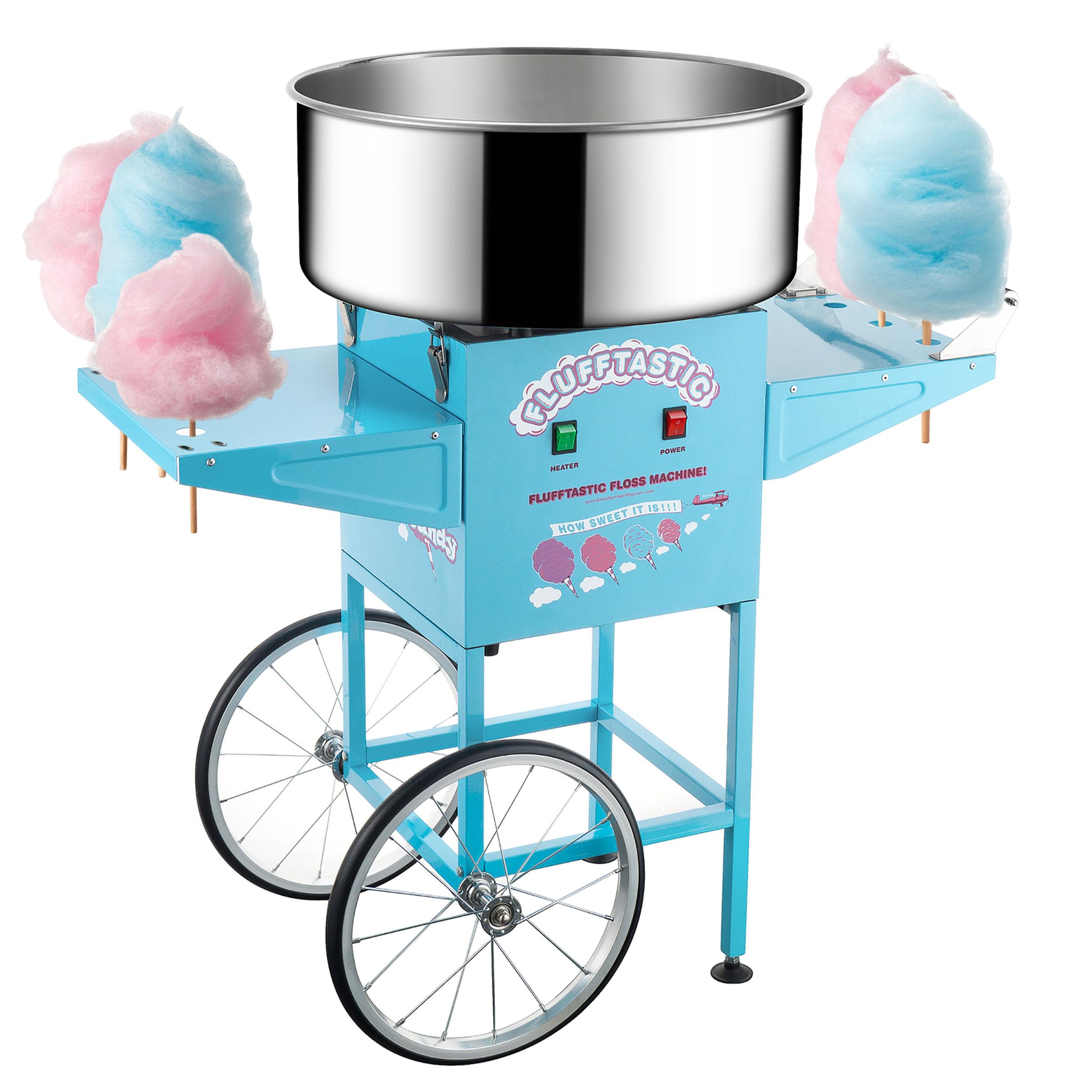 Cotton Candy Machine With Cart – 1000W Flufftastic Floss Maker With Stainless-Steel Pan, Side Trays, And 13in Wheels By Great Northern Popcorn (Blue)