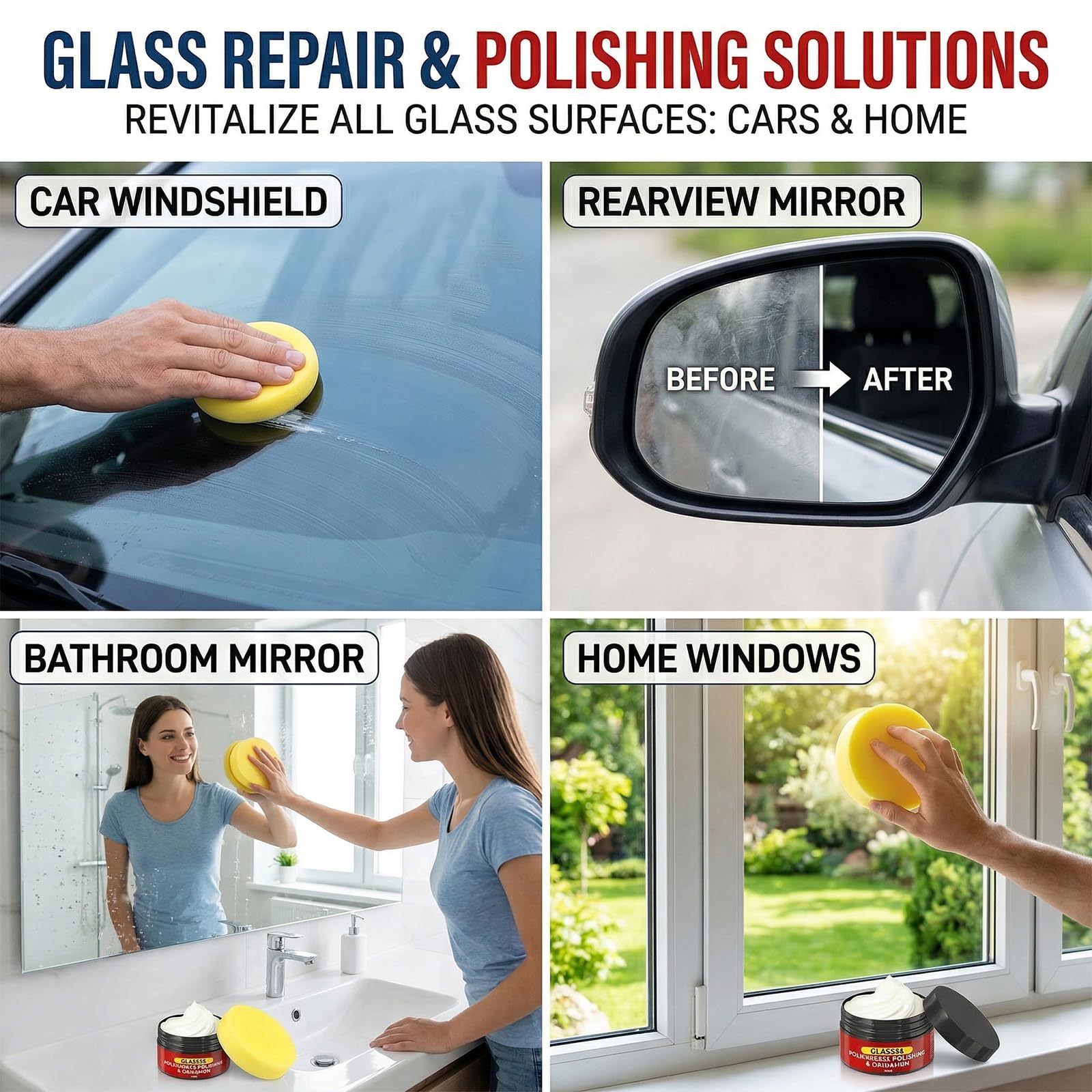 Glass Scratch Remover Kit, 2 Pcs Windscreen Scratch Remover for Glass Polish, 30g/1.05oz Glass Emulsion for Car Scratch Remover with Sponges for Windscreen Mirrors Windows Scratch - 2