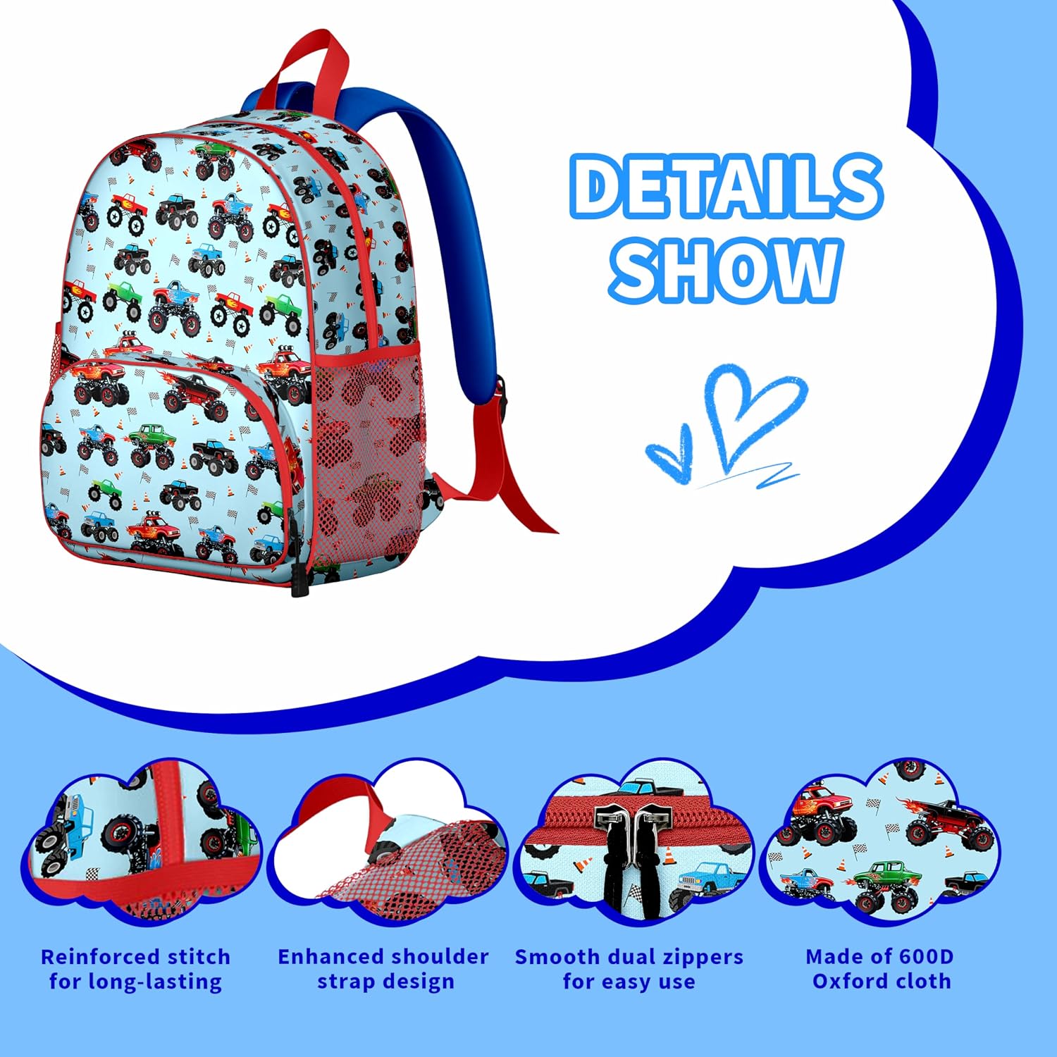 Cool Monster Truck Kids Backpack,Lightweight Toddler Bag for Boys Girls,Adjustable Straps Preschool Nursery Travel Bookbag