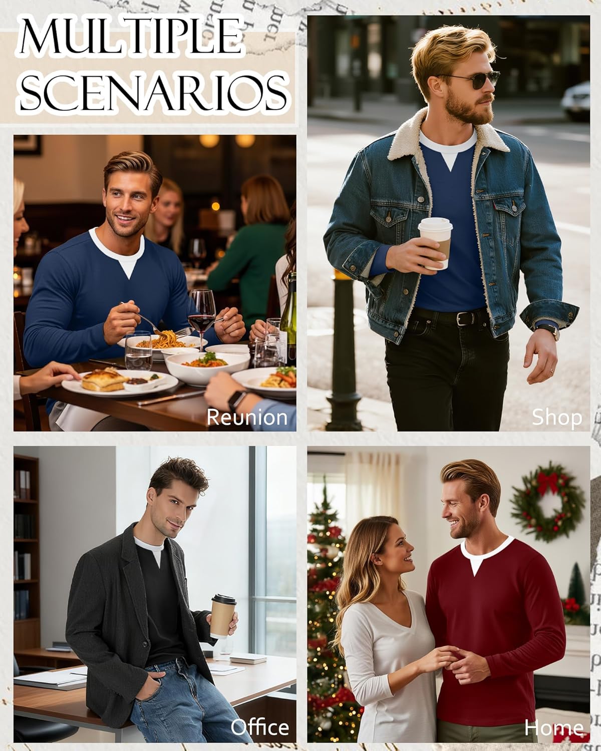 3 Pack Men's Long Sleeve Thermal Shirts V Neck Fleece Lined Tops Base Layer Undershirt Casual Pullover Sweater - Image 2