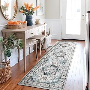 Madane Runner Rug 2x8, Washable Hallway Runner Rugs, Non-Slip Low-Pile Soft Kitchen Rug Runner Laundry Room Rug, Vintage Throw Entry Foyer Mat for Entrance Living Room (Blue, 2 x 8)