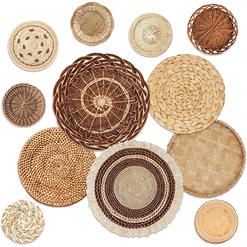 12 Sets Boho Wooden Wall Decor Hanging Rustic Flat Elegant Wall Art Round Wood Decoration with Glue for Kitchen Home Bedroom Farmhouse Room Display Table Settings (Rustic)