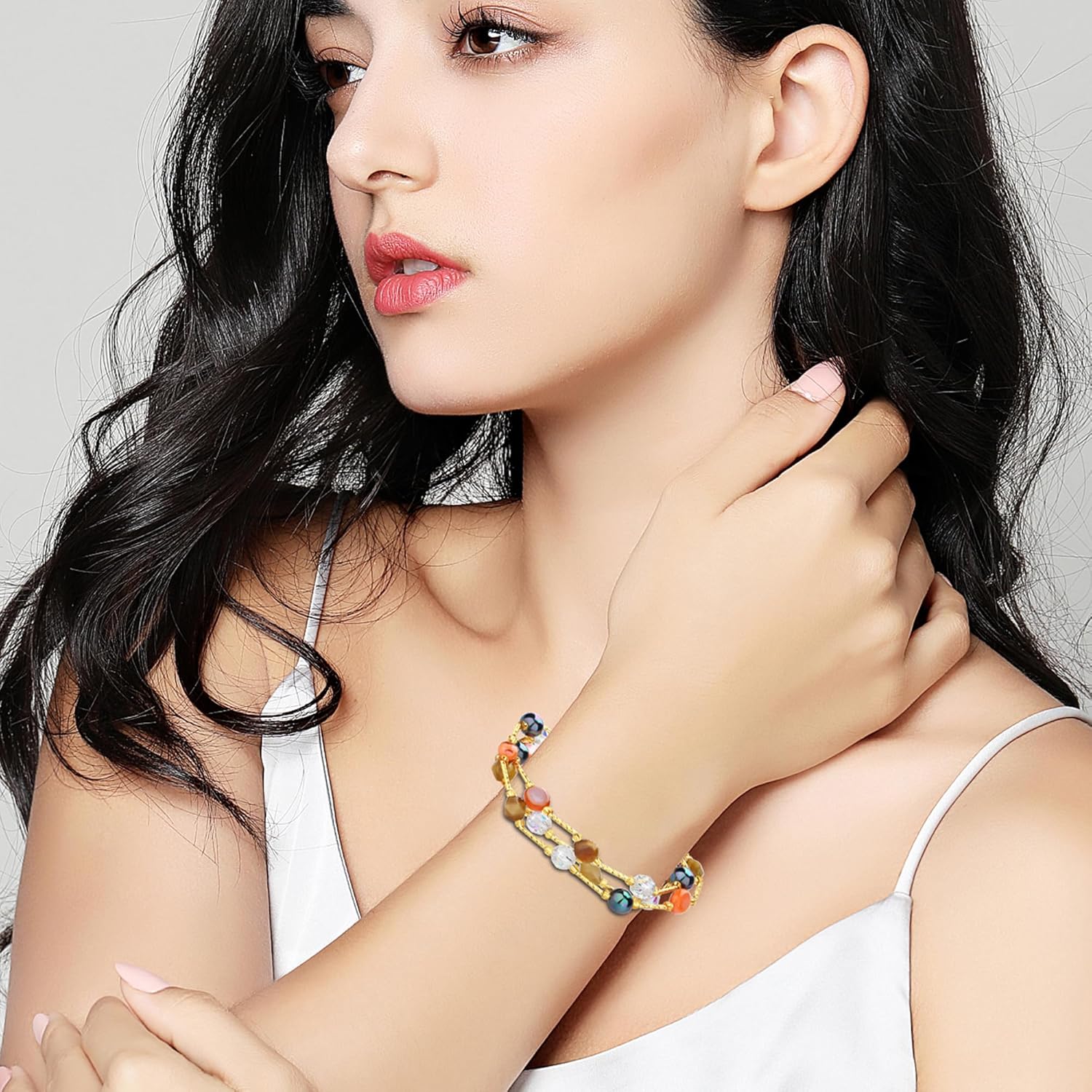 Handmade Original Women's Stretch Bracelet Multi-Strand Coloured 8MM Gemstones Tahitian Pearls Austrian Crystal Perfect Touch of Colour for Any Outfit Extraordinary Colour Explosion - Image 5