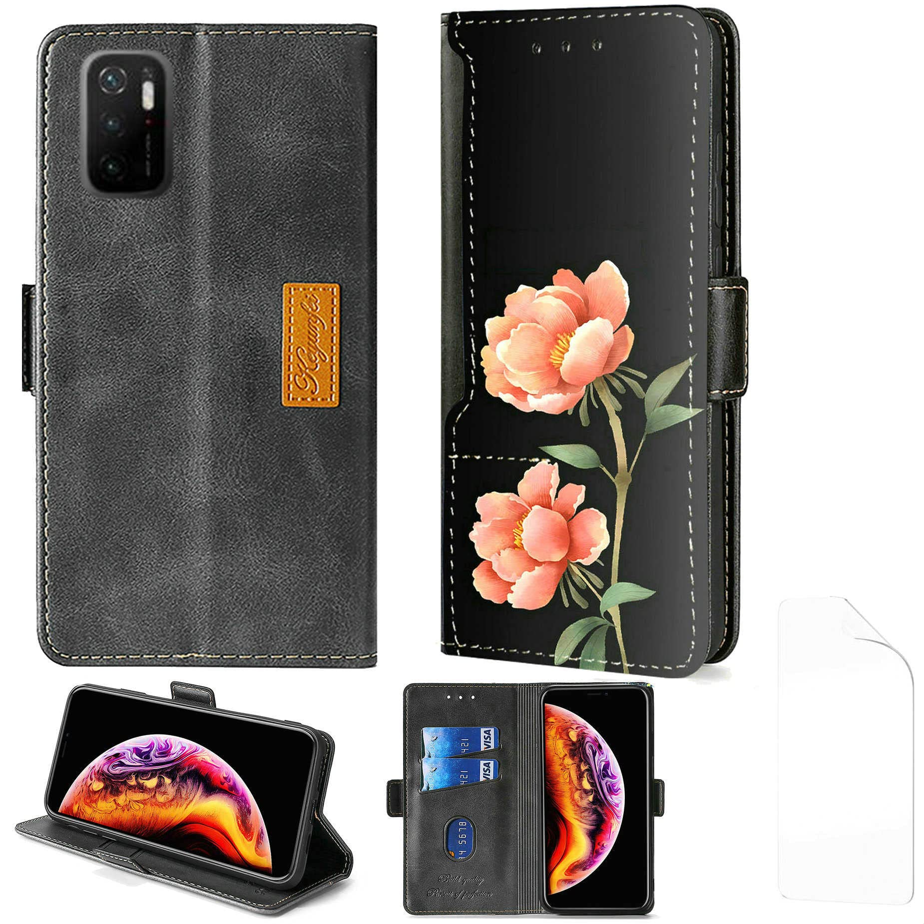Housse étui 360 Pour POCO M3 Pro 5G - Cuir Synthétique Noir Avec Clip Magnétique