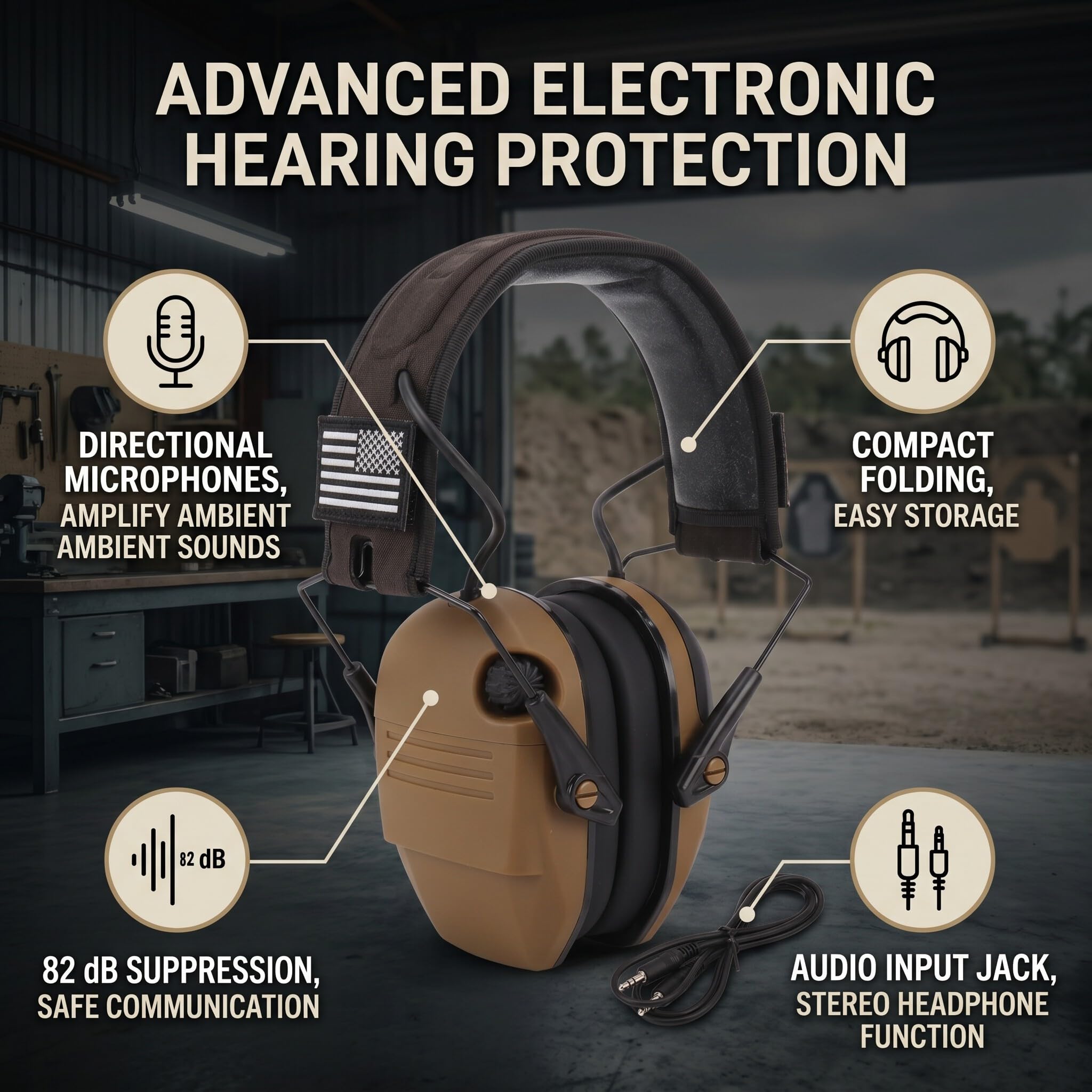 Haofy Protección Auditiva Electrónica con Micrófono Direccional Amplificación de Sonido de 82 DB Diseño ABS Plegable para Campo de Tiro, Trabajo Al Aire Libre, Almacenamiento Compacto (Caqui)