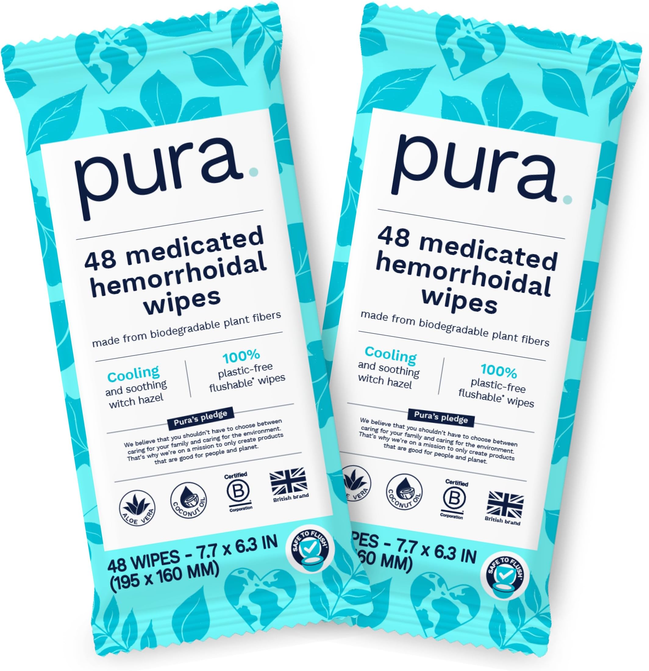 Pura XL Flushable Medicated Wipes for Hemorrhoid Relief, Extra-Large, Fragrance-Free Wet Wipes with Witch Hazel, Coconut Oil & Aloe, Skin Soothing, 96 Wipes (2 Packs)