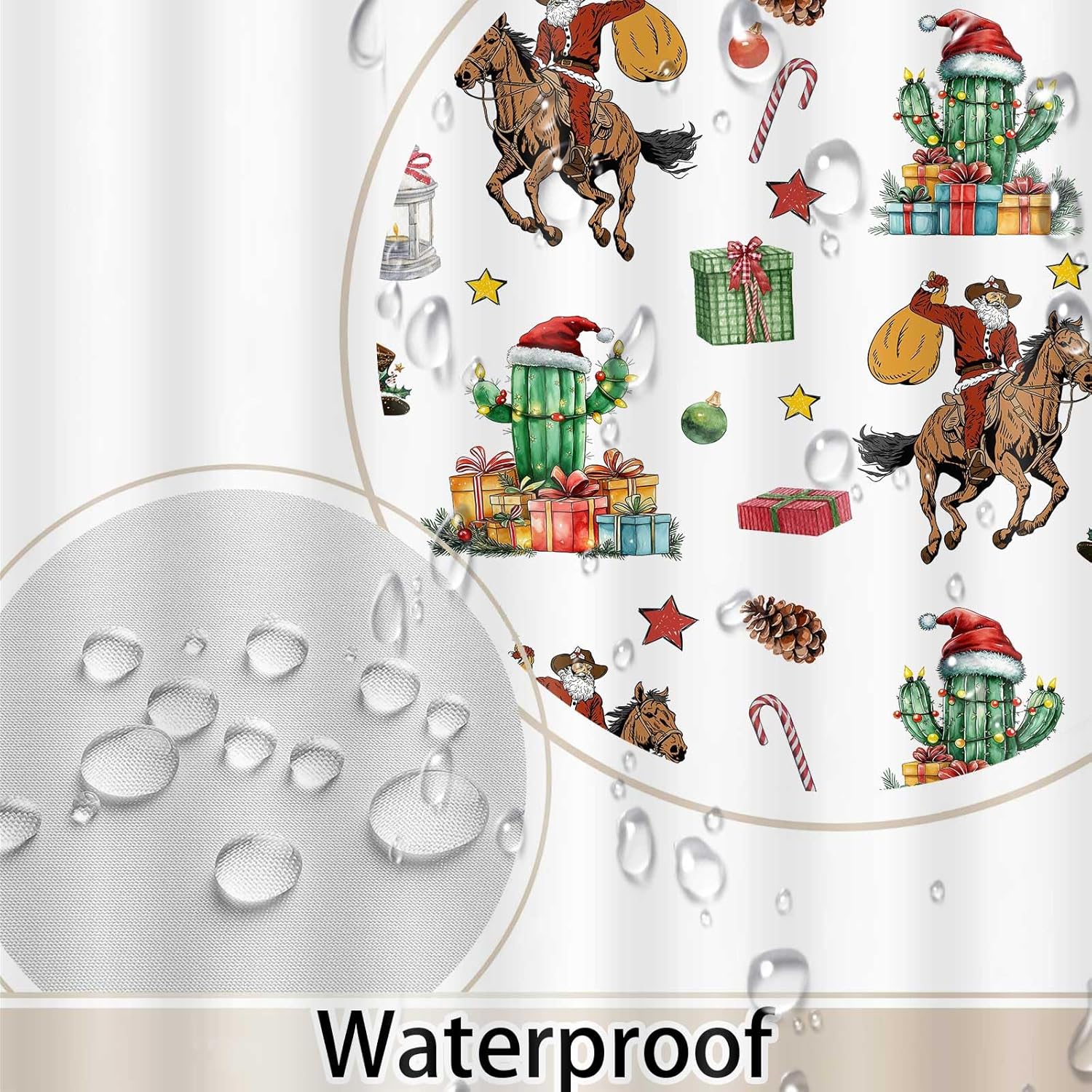 Western Christmas Shower Curtain, Santa Clause Cowboy On Horse in Desert Holiday Xmas Fabric Shower Curtains for Bathroom, Machine Washable, Waterproof, Cloth, with Hook, Bathroom Assesory Set