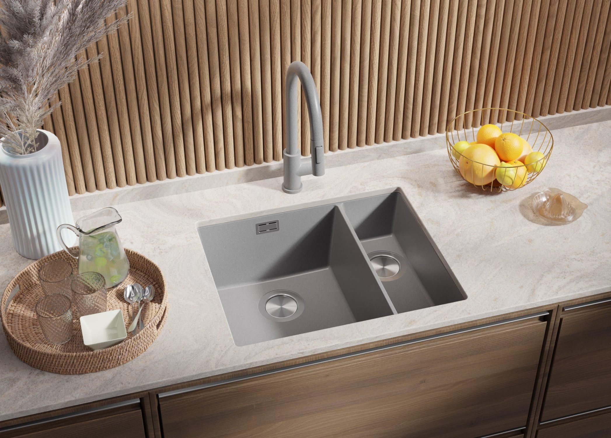 PRIMAGRAN Evier Sous Plan Gris 56x47cm, Evier en Granit 1,5 bacs + Kit de Vidage + Égouttoir Enroulable, Évier au Meuble 60cm - London Duo S039