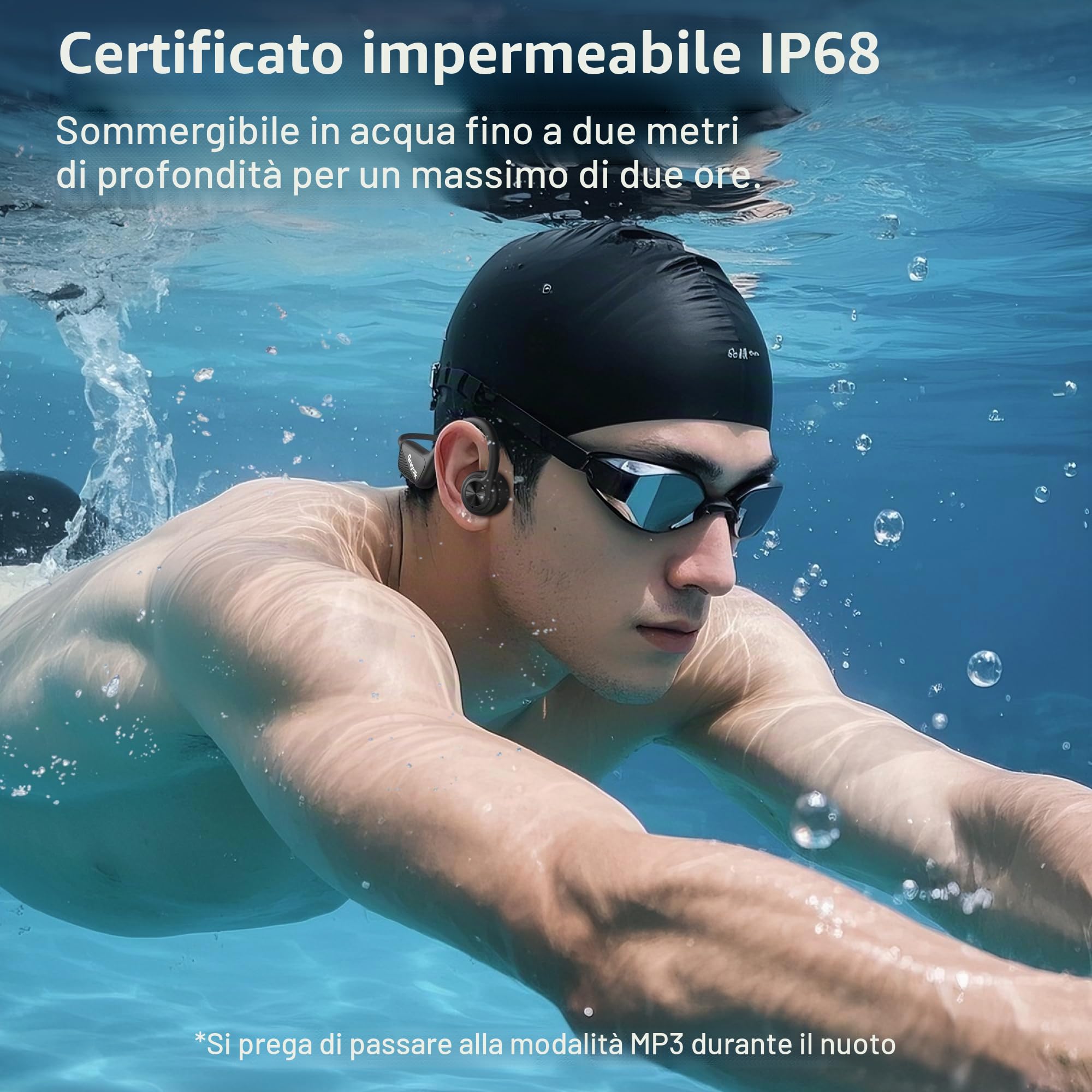 Cuffie Conduzione Ossea, IP68 Impermeabili per Nuoto, Bluetooth 5.3 Open-ear Cuffie per Corsa Ciclismo Guida Fitness
