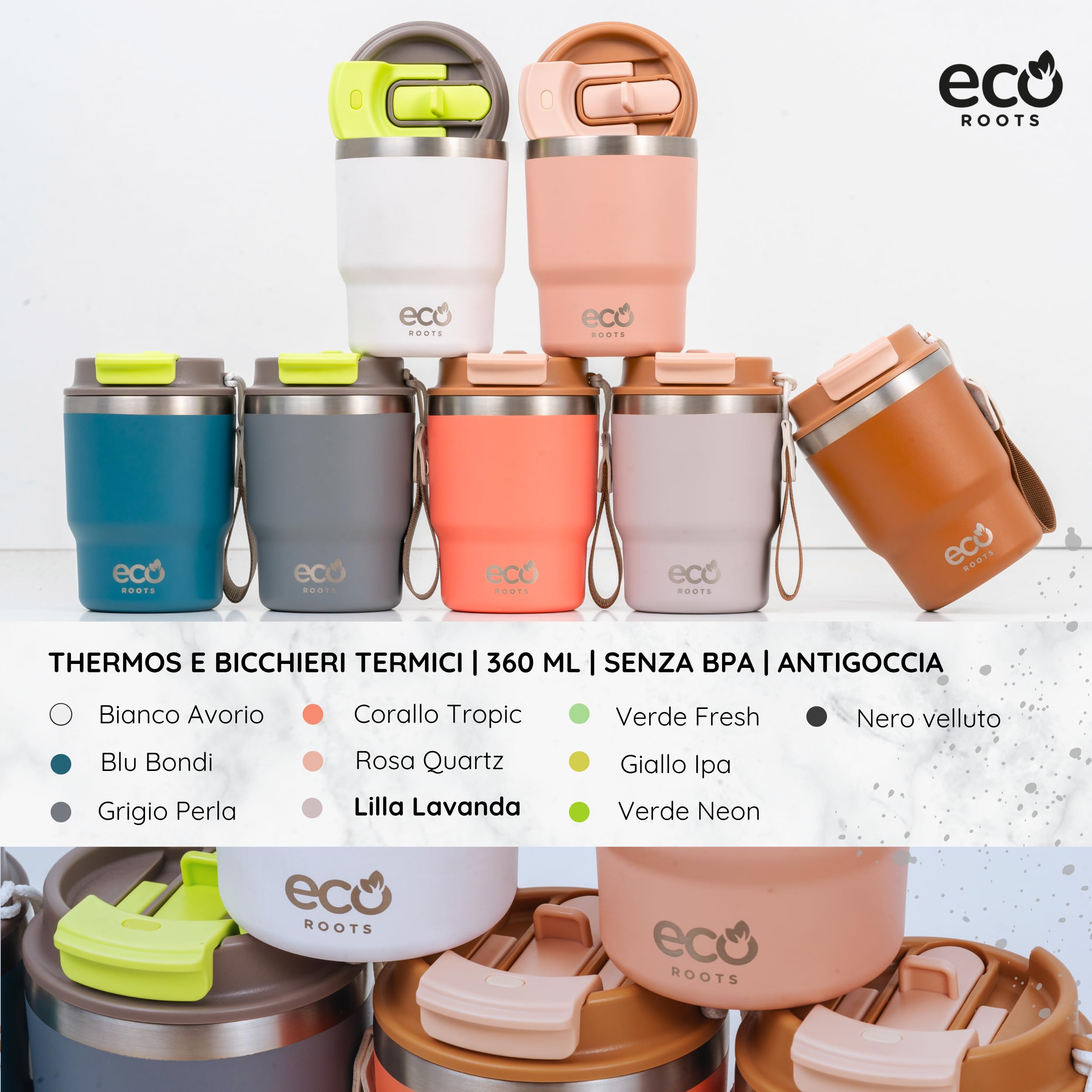 ECOROOTS Everegreen - Thermos Caffè 360 ml | Tazza Termica Antigoccia | Senza BPA | Bicchiere Termico per Caffè | Acciaio Inox | Travel Mug Bevande Calde e Fredde | Tazza da Asporto (LILLA LAVANDA)