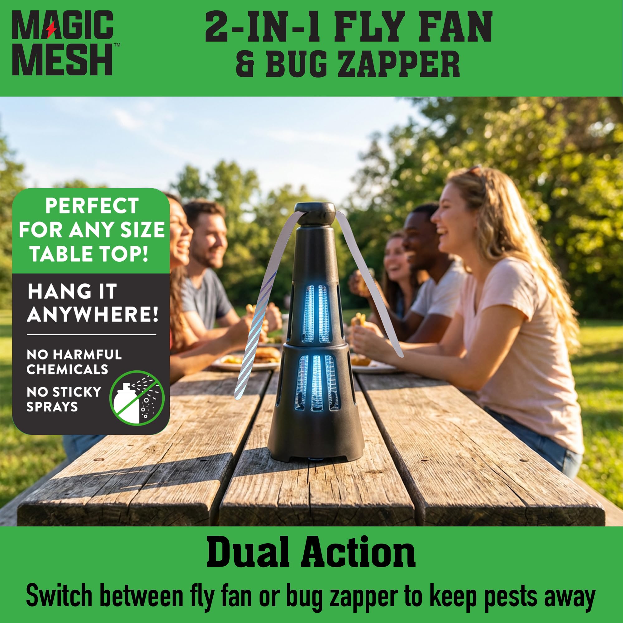 Magic Mesh Ventola per mosche e zanzare 2 in 1, ricaricabile, per esterni e interni, strumento per uccidere insetti, insetti e altro, per patio, campeggio, grigliate e cortili, fino a 2800 V