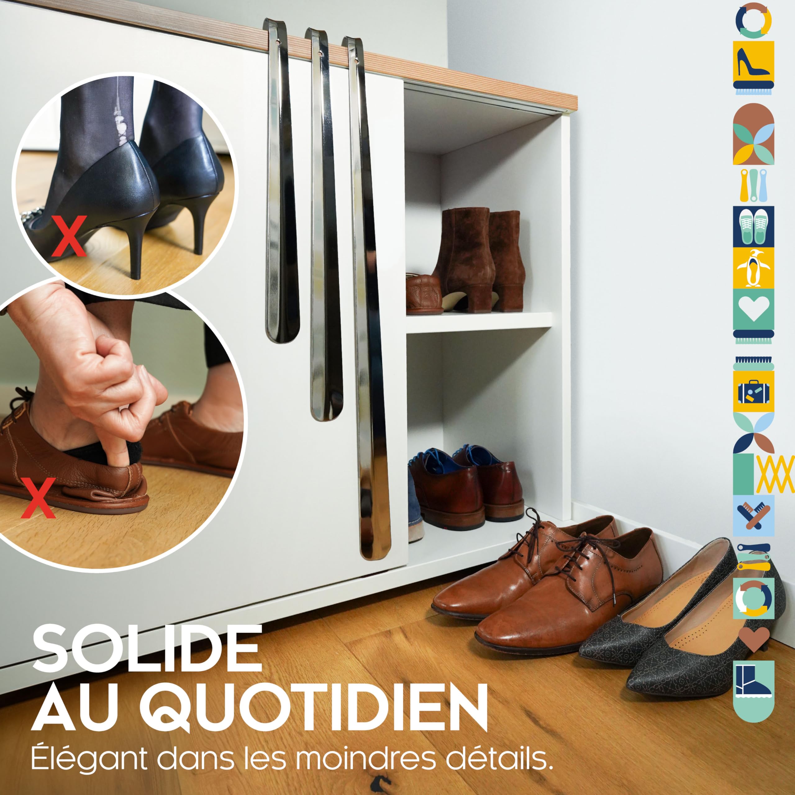 biped chausse-pied en métal long 70 cm – cuillère à chaussure en acier inoxydable avec crochet de suspension – chausse-pied robuste et élégant en métal de qualité supérieure z2792(2 unité)