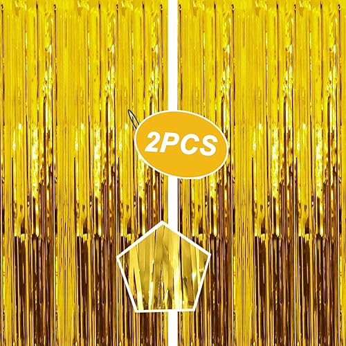 Miniatura 1 de DERIQ - Cortina de flecos de papel de aluminio para decoración de fiesta, paquete de 2 cortinas de oropel dorado de 3.28 x 6.56 pies, telón de fondo