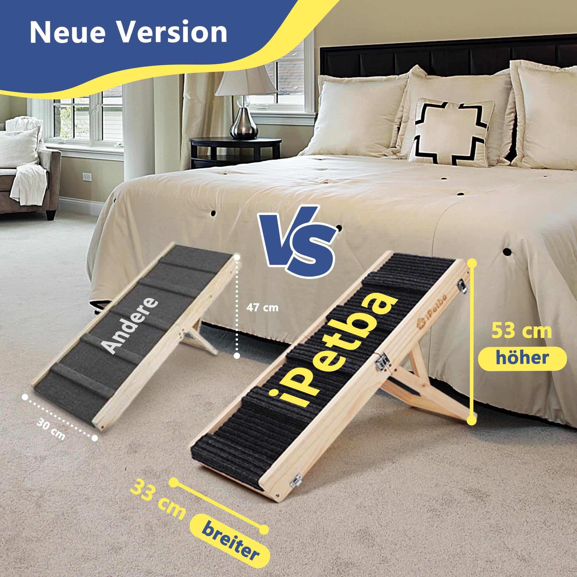 Hunderampe für Sofa und kleine Hunde bis 16 kg, Rampe für Couch und niedrige Möbel, aus Holz, höhenverstellbar, klappbar, rutschfest
