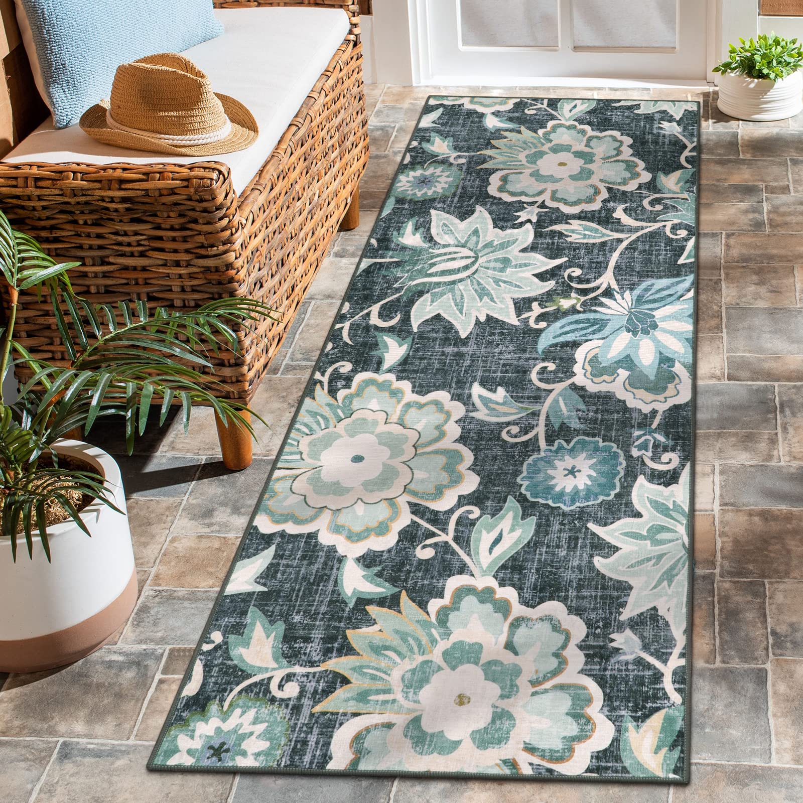 Beeiva Floral 2x5 Rug Runners for Hallways, Ultra Thin Blue Kitchen Runner Rug Washable, Vintage Plant Non-Shedding Bathroom Non-Slip Hallway Carpet