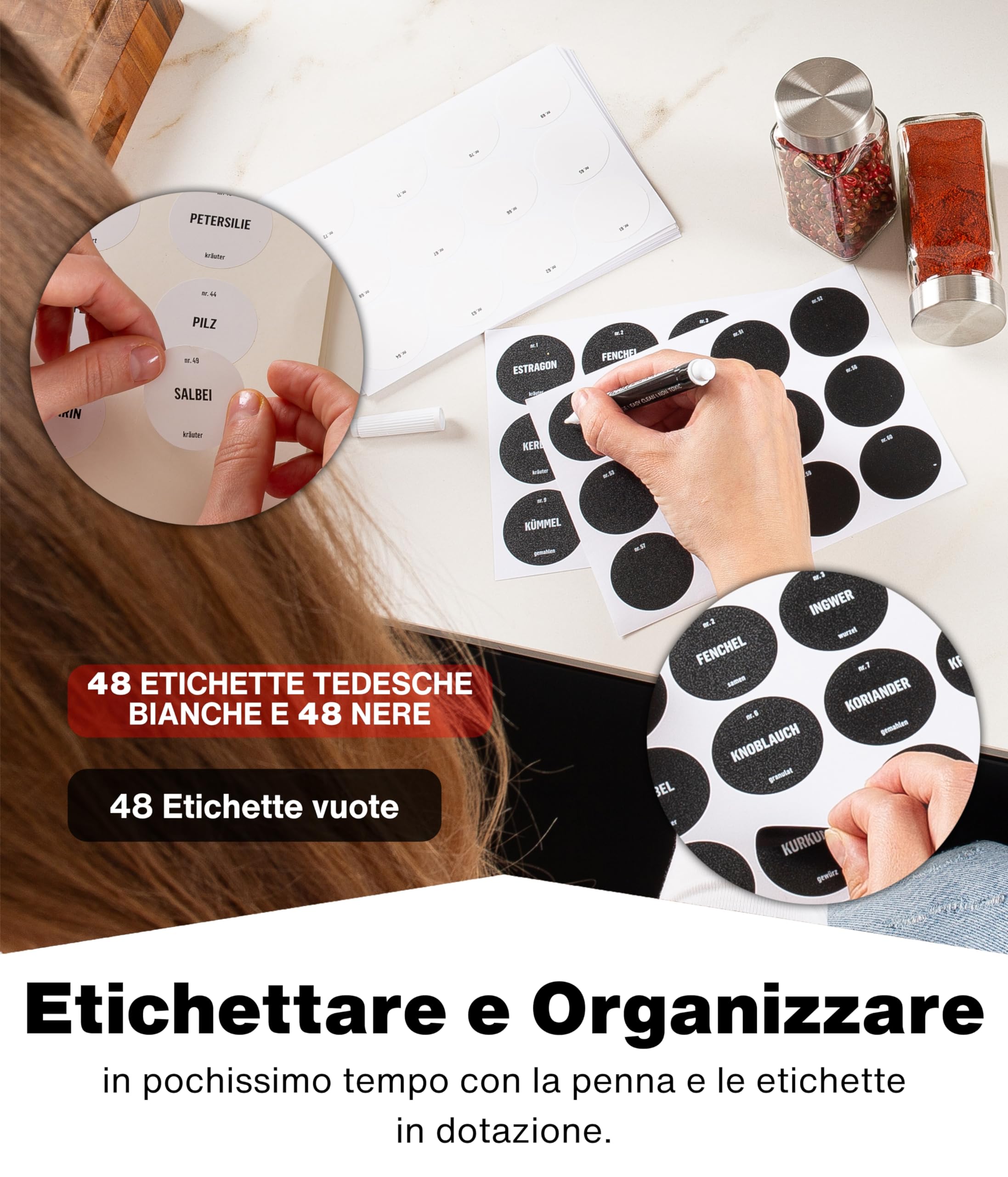 Deco haus® Porta Spezie per Cucina - Portaspezie con 28 Barattoli Spezie, Portaspezie Salvaspazio, Set Cucina 28 Vasetti di Spezie, 144 Etichette Spazzola Imbuto Ganci - Design Indipendente o da Paret