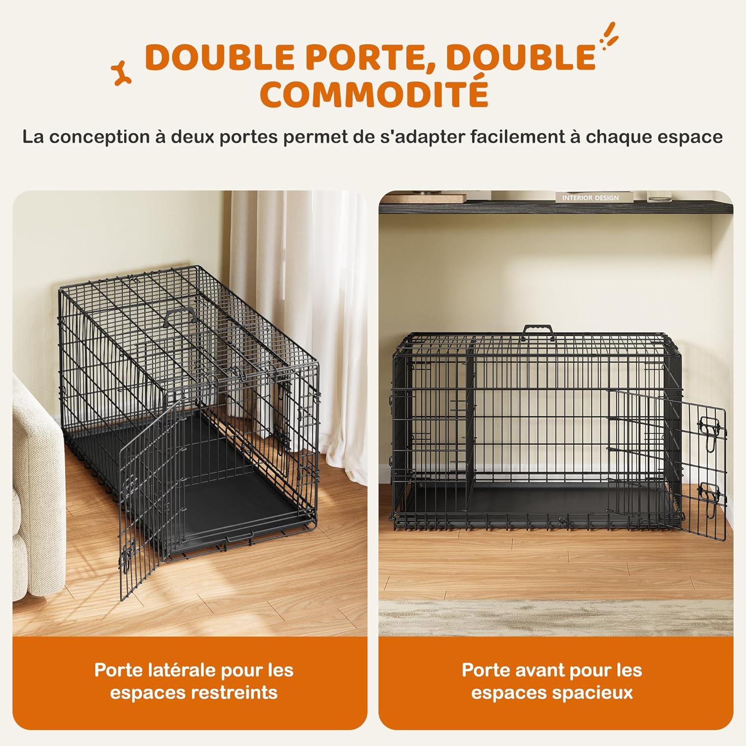 Side and front door configurations of the dog crate