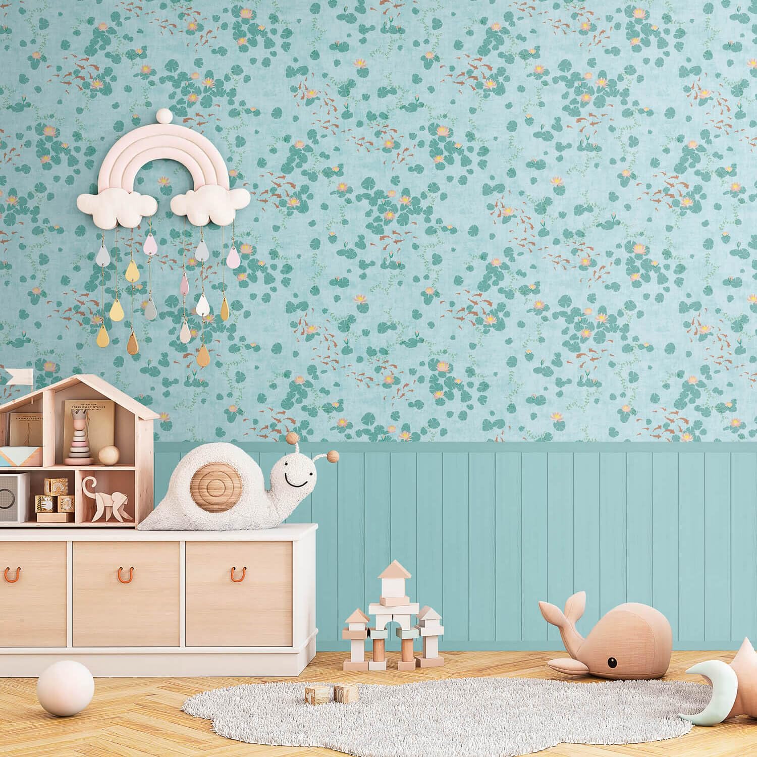 Papier peint d'enfant bleu vert turquoise pastel pour un doux nid douillet
