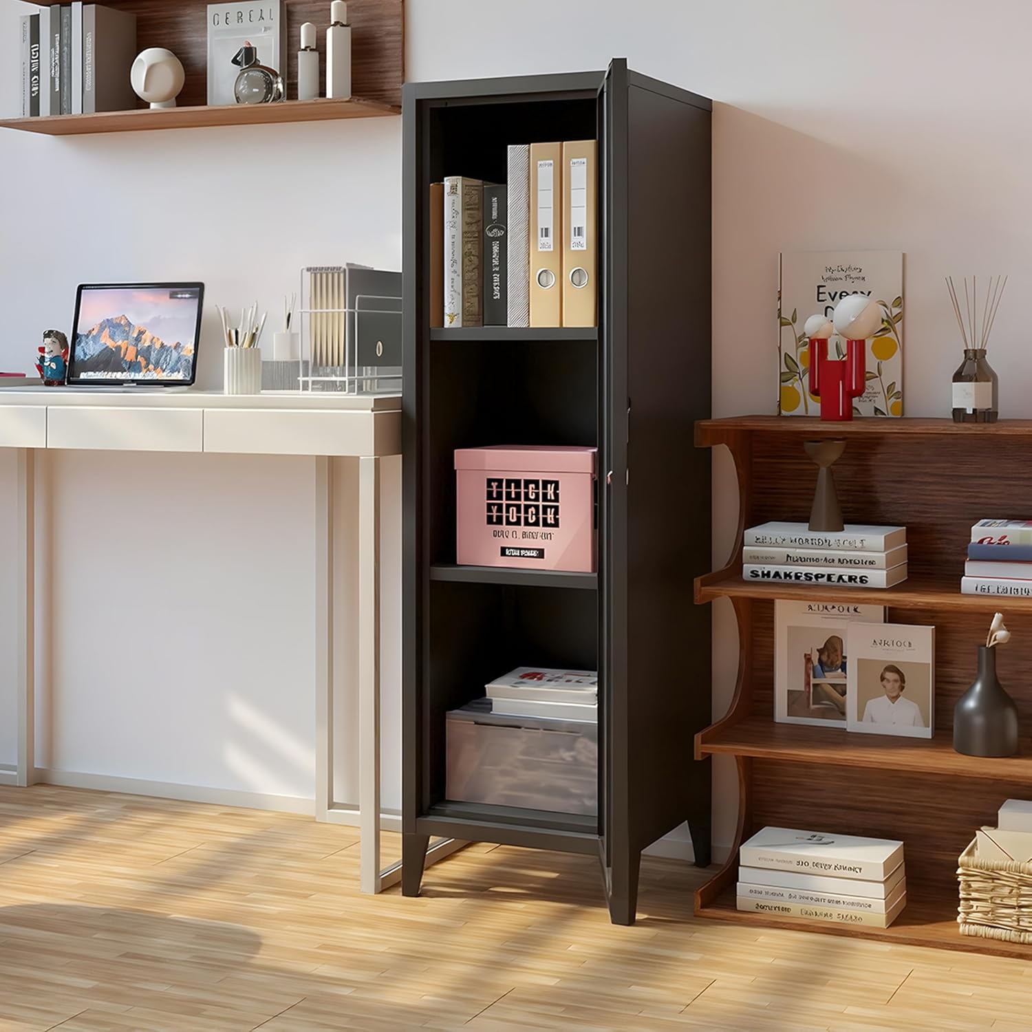 Metal Storage Cabinet with Lock & 2 Keys 50" Metal Locking Cabinet with Shelves for Home & Office, Freestanding Multi-Use Organizer for Garage Kitchen - Easy Assembly (Black)
