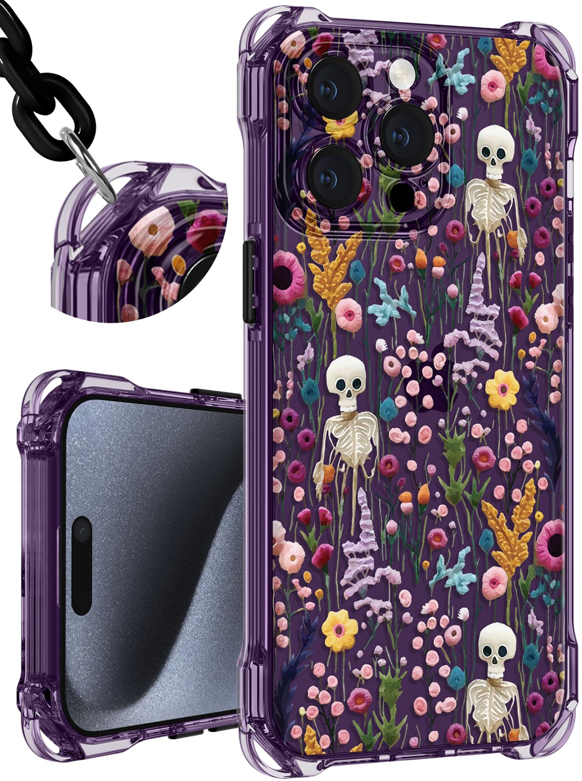 Toycamp for iPhone 15 Pro Case with Strap for Women - Cute Funny Girls Girly Skull Flower Pattern Design for iPhone 15Pro Case with Wrist Lanyards