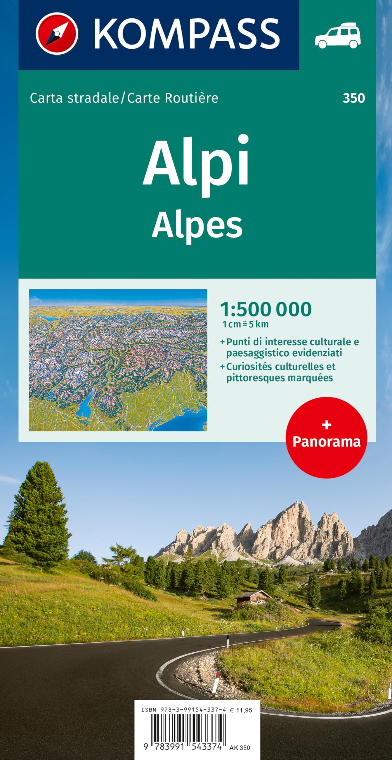 KOMPASS Autokarte KOMPASS Autokarte und Panoramakarte Alpen 1:500.000: mit Panorama auf der Rückseite: 350