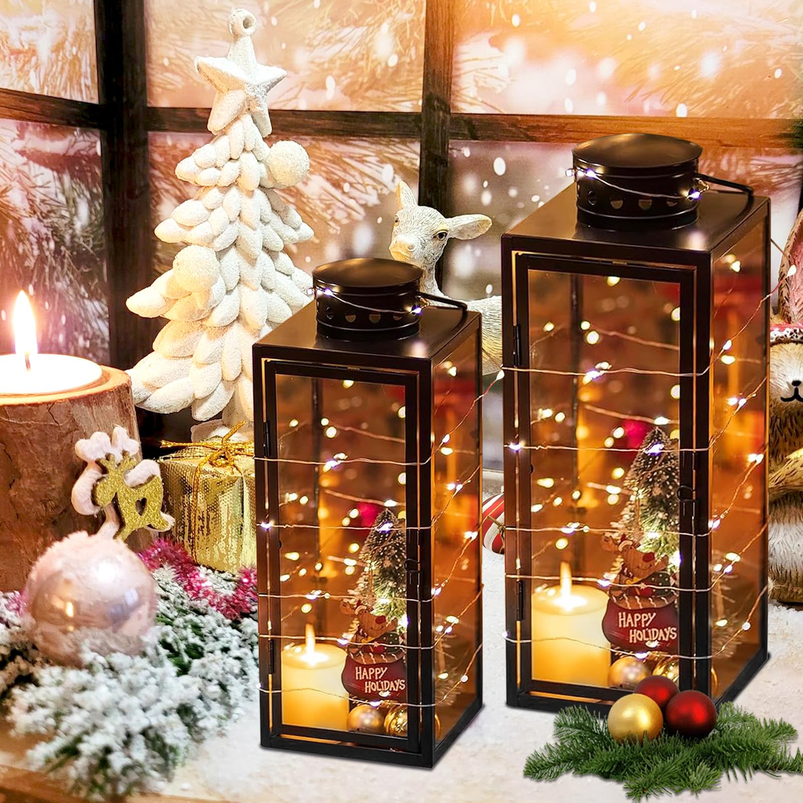 Lot de 2 Lanternes pour Bougies (24 + 35 cm de Haut) - Lanternes de Jardin en métal pour l'extérieur - Grand photophore - Lanterne funéraire - Lanterne en Verre - Décoration de Noël - Noir