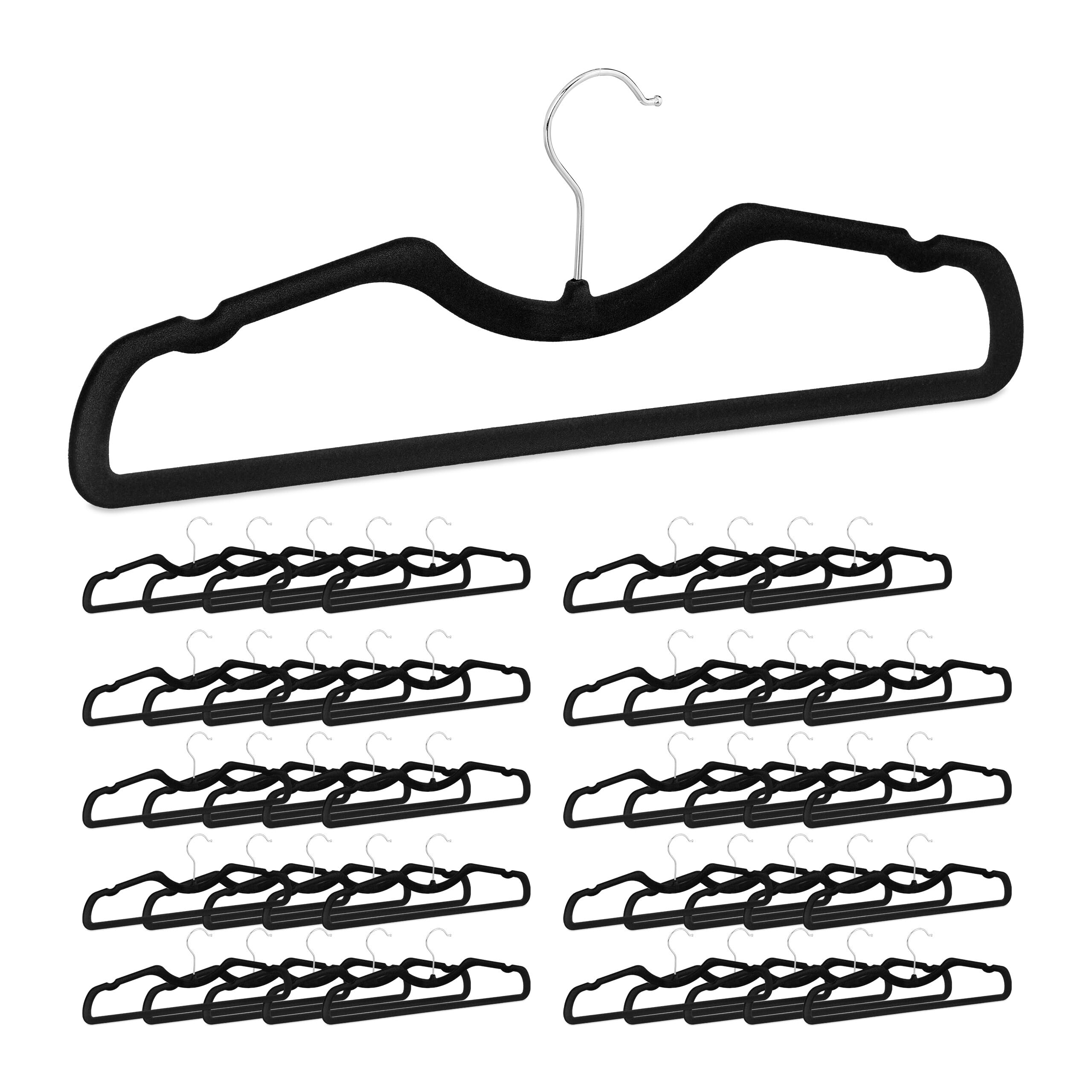 Relaxdays Kleiderbügel Samt, 50er Set, rutschfest, platzsparend, B: 42,5 cm, Hosensteg, Einkerbungen, Samtbügel, schwarz