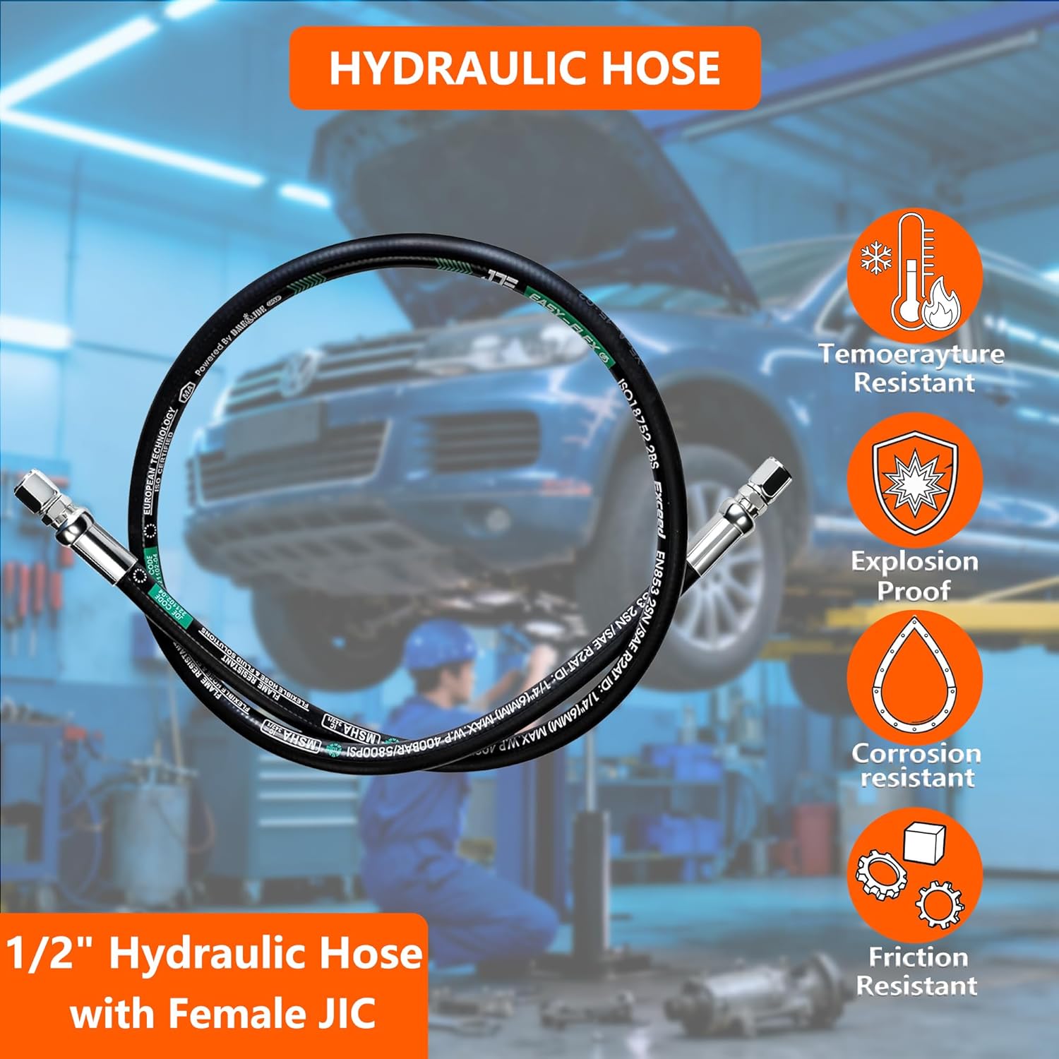 lingcheng 26711-08-08rw hydraulic hose swivel assembly 1/2" hydraulic hose with female jic x female jic 84" long 3988 psi, black 26711-08-08rw-84in