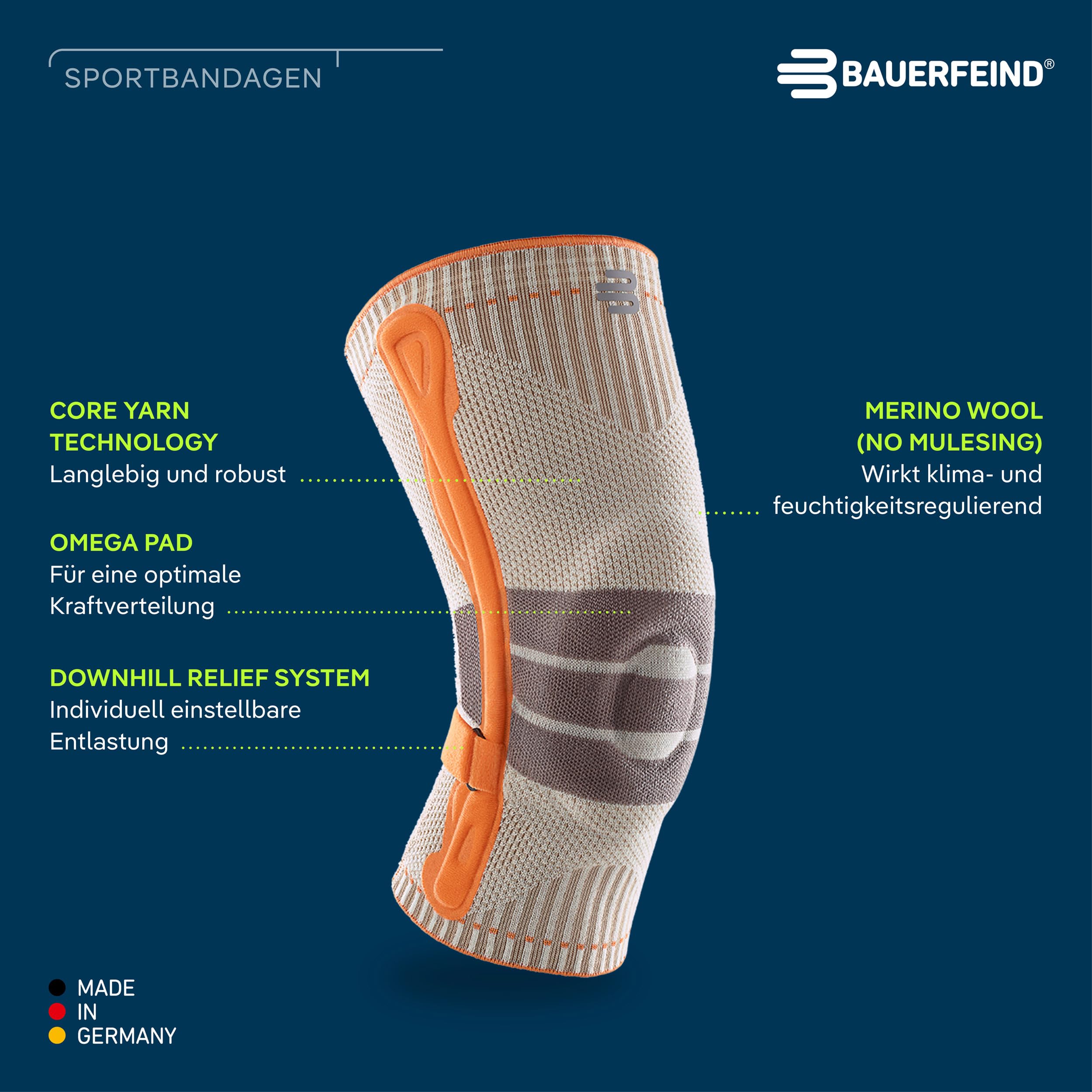 BAUERFEIND Kniebandage zum Wandern „Outdoor Knee Support“, 1 Unisex Wanderbandage zur Wanderausrüstung, Rechts & Links tragbar, Individuell einstellbarer Strap, Merino Wolle