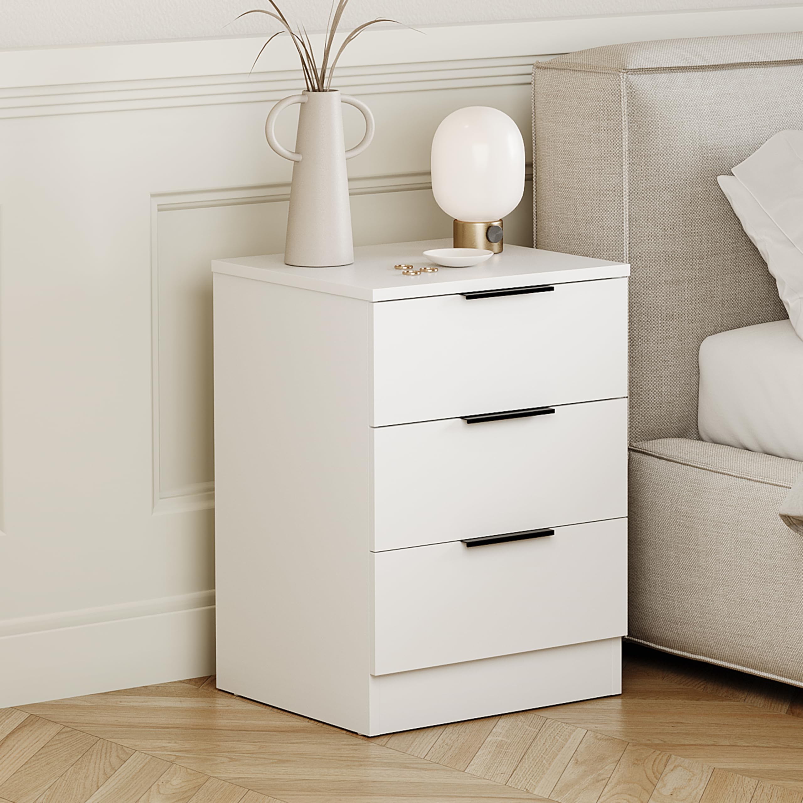 Vida Designs Trega 3 Drawer Bedside Cabinet White - Compact Space-Saving Nightstand - 50H x 39W x 28D cm - Engineered Wood - Glide Drawers, Modern Black Handles - Ideal for Bedroom & Guest Room