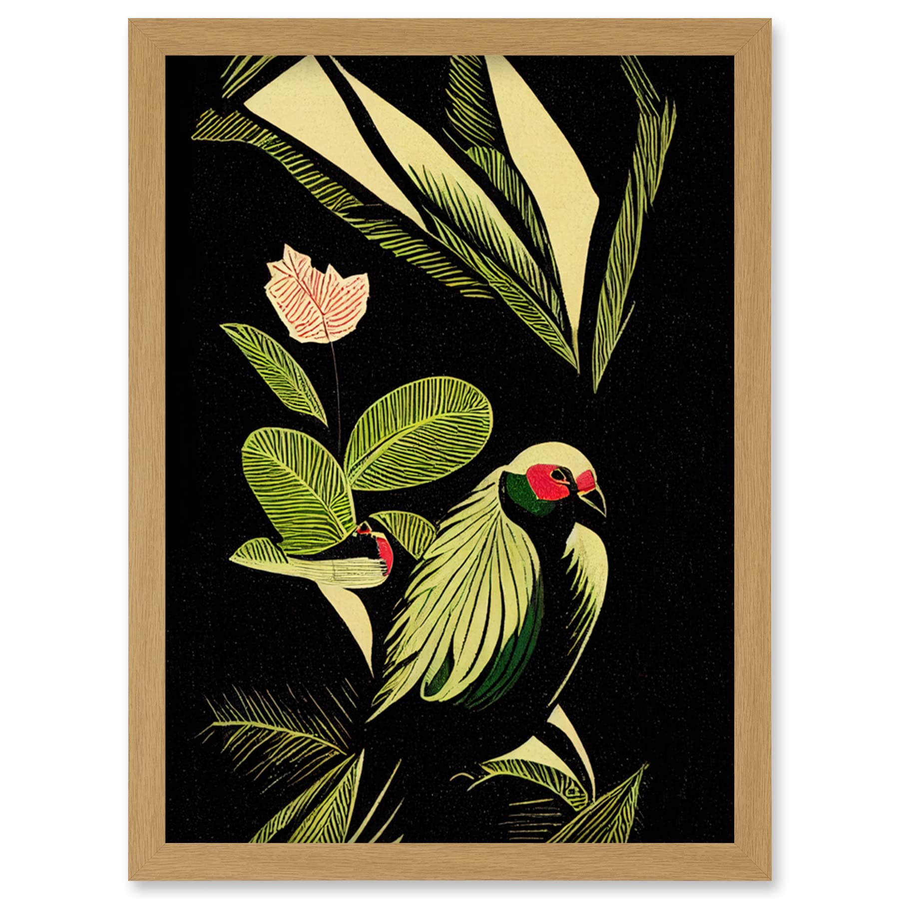 Wee Blue Coo Green Black Modern Vintage Tropical Plant Leaves with Bird Artwork Framed Wall Art Print A4