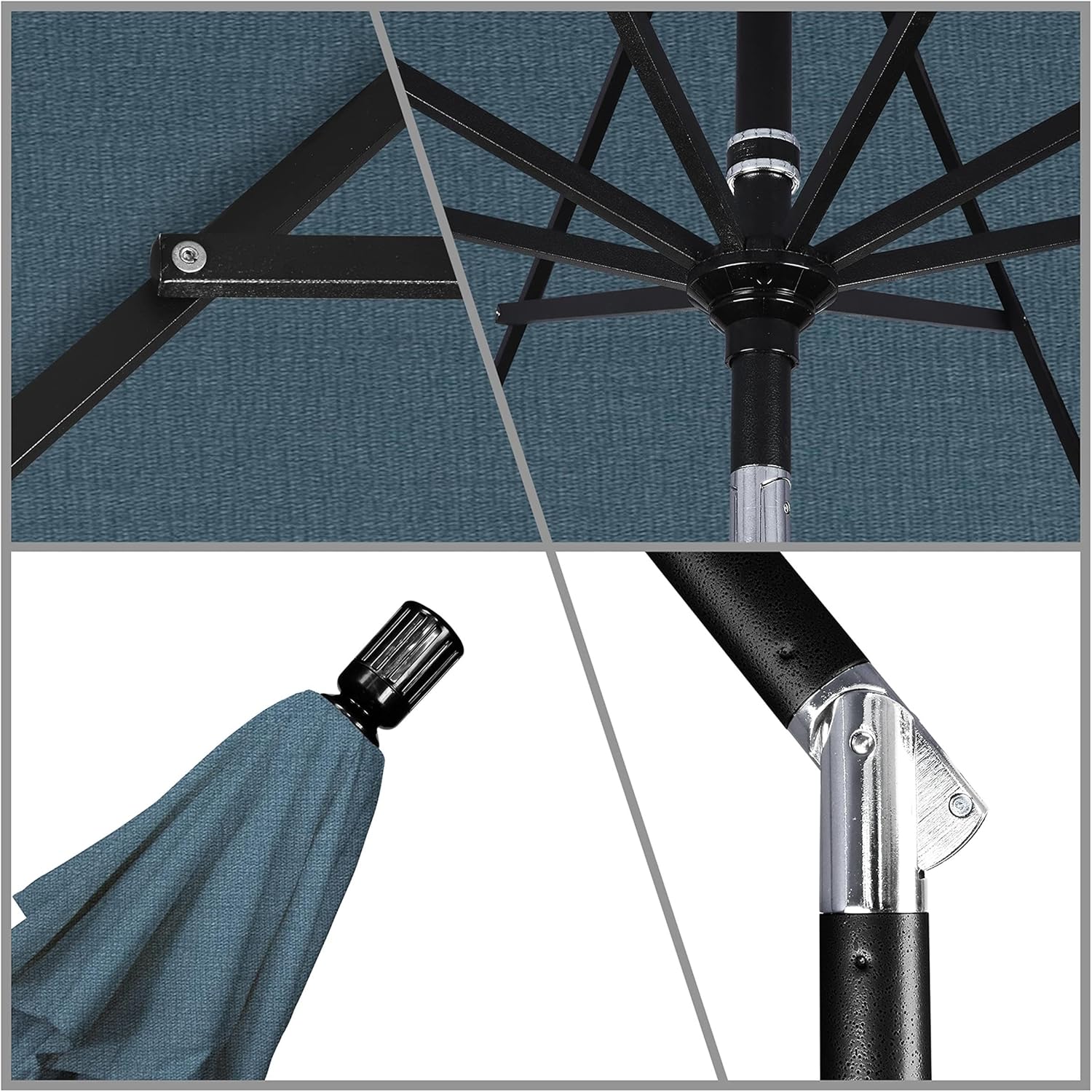Pemberly Row 9 ft Black Patio Umbrella, Pacifica Sapphire Finish, Aluminum Frame, Collar Tilt Design, Crank-to-Open Market Style for Outdoor Shade
