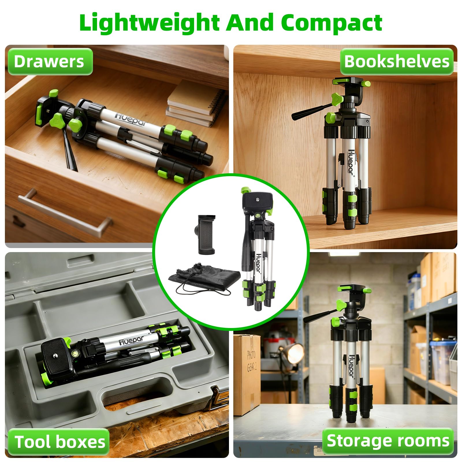 Huepar Trípode Aluminio 50cm para Nivel Láser y Smartphone, Equipado con una Cabeza panorámica de 3 vías, Nivel de Burbuja, Rosca 1/4"-20, Soporte para Móvil y Bolsa de Transporte,TPD05A1