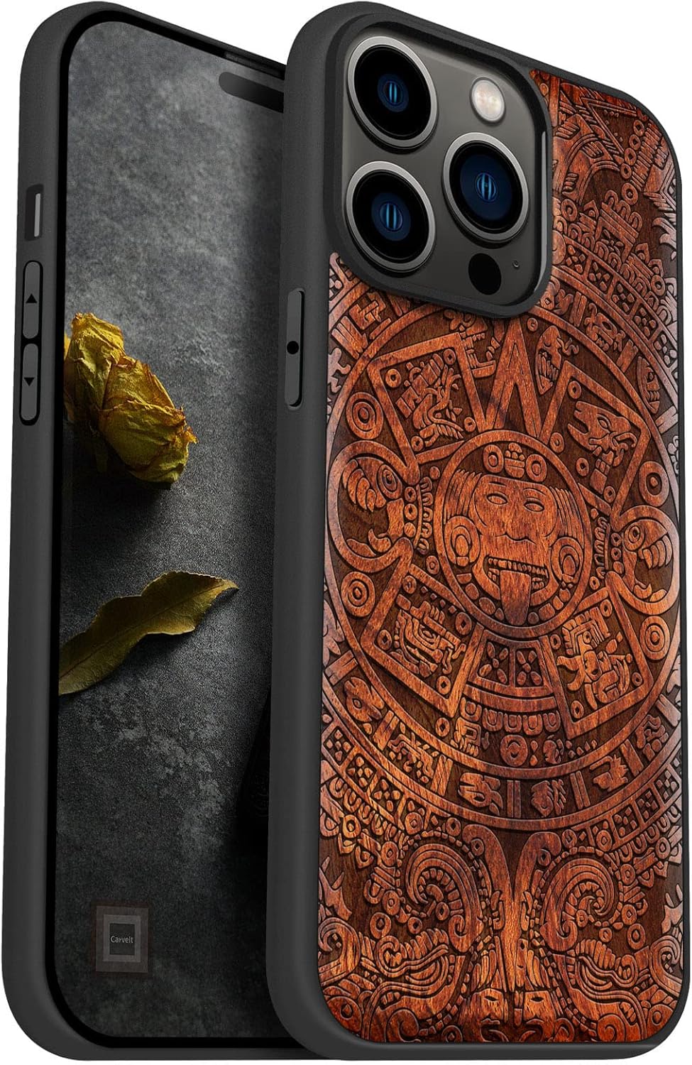 Carveit Magnetic Wood Case for iPhone 14 Pro Max [Natural Wood & Black Soft TPU] Unique & Classy Wooden Shockproof Protective Cover Compatible with magsafe (Mayan Symbols Calendar -Rosy)